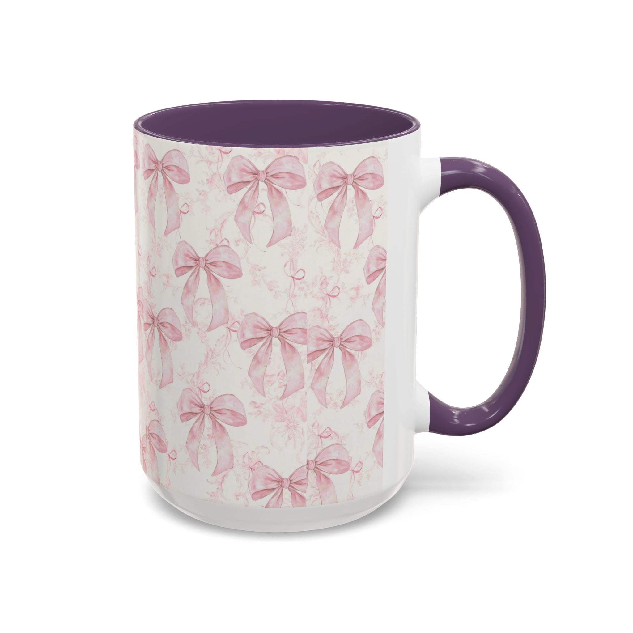 Pink Bow Pattern Accent Coffee Mug — Feminine Floral Ribbon Design, 11/15 oz