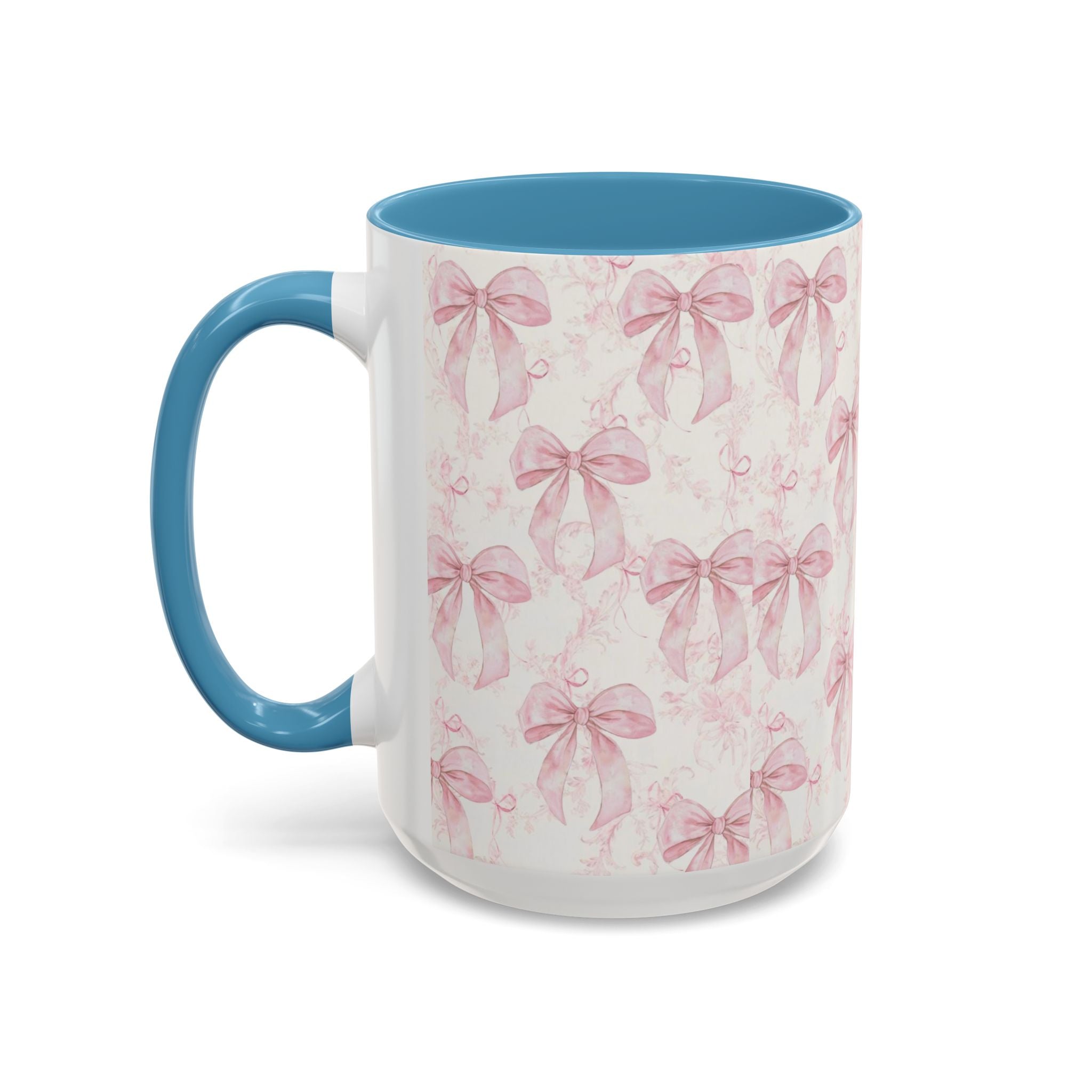 Pink Bow Pattern Accent Coffee Mug — Feminine Floral Ribbon Design, 11/15 oz