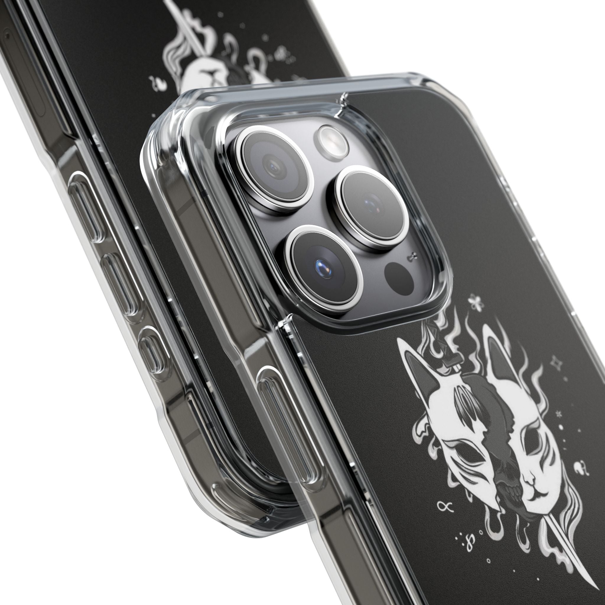 Clear Magnetic Phone Case — Dual Fox Mask White Ink Design