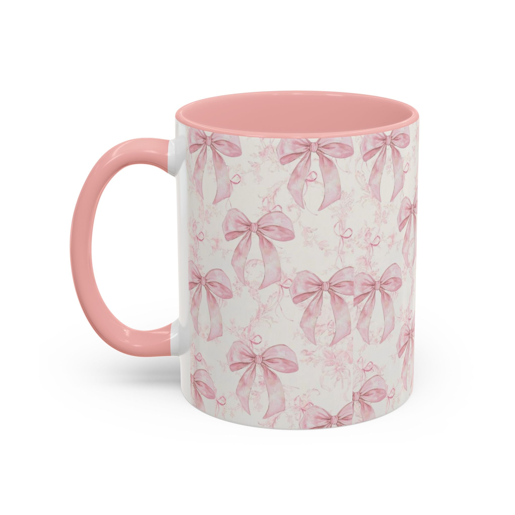Pink Bow Pattern Accent Coffee Mug — Feminine Floral Ribbon Design, 11/15 oz