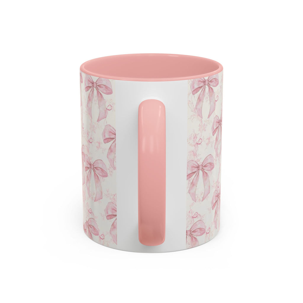 Pink Bow Pattern Accent Coffee Mug — Feminine Floral Ribbon Design, 11/15 oz