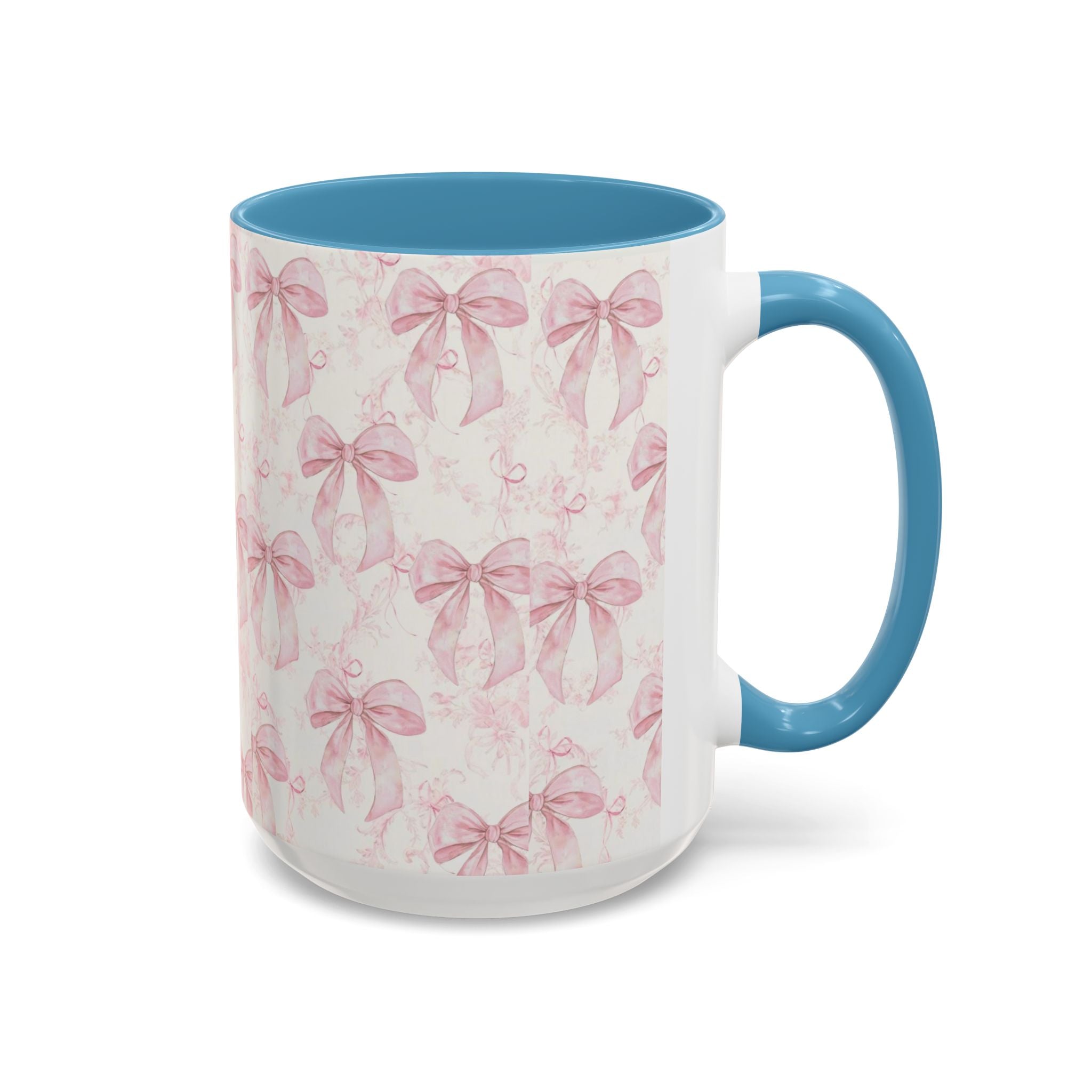 Pink Bow Pattern Accent Coffee Mug — Feminine Floral Ribbon Design, 11/15 oz