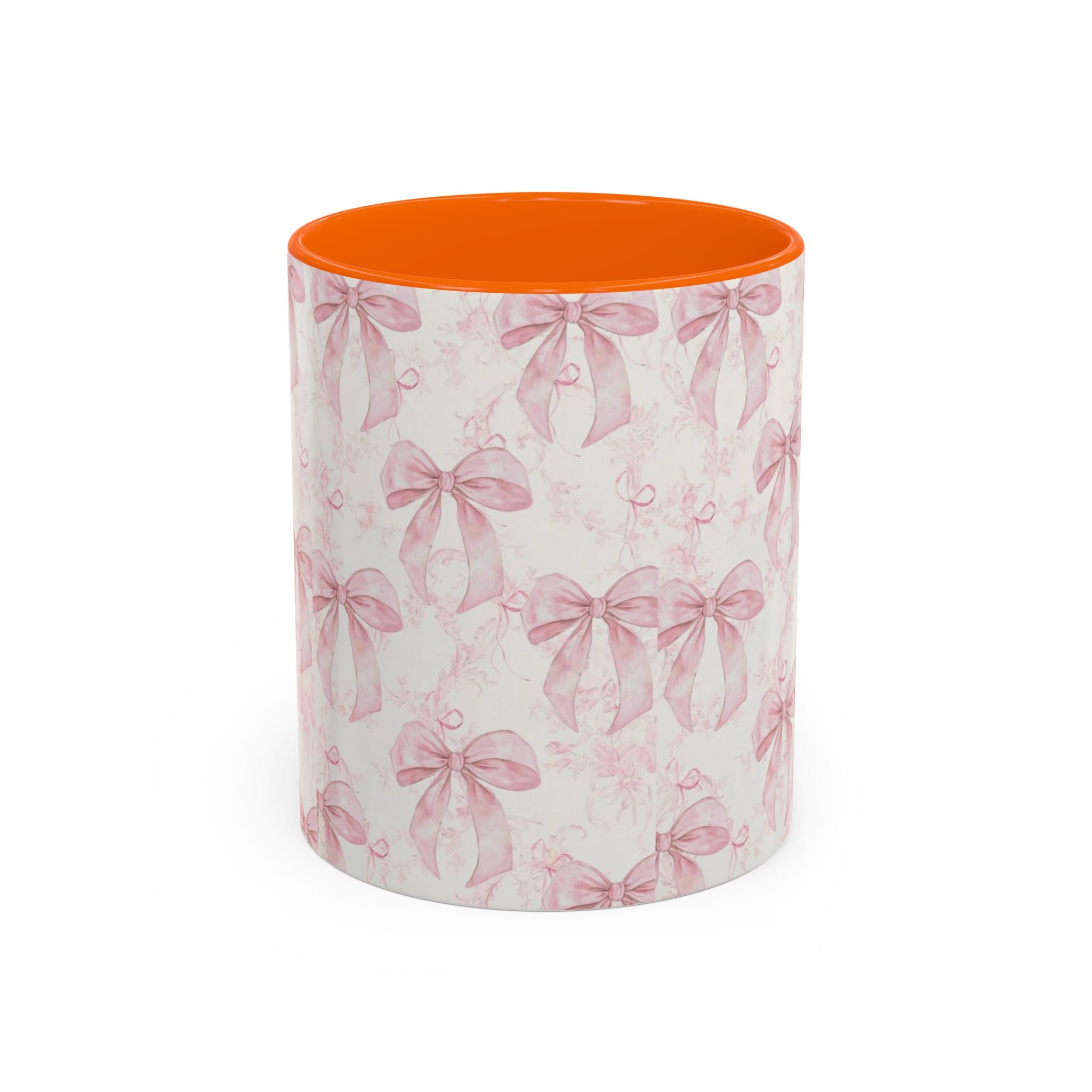 Pink Bow Pattern Accent Coffee Mug — Feminine Floral Ribbon Design, 11/15 oz