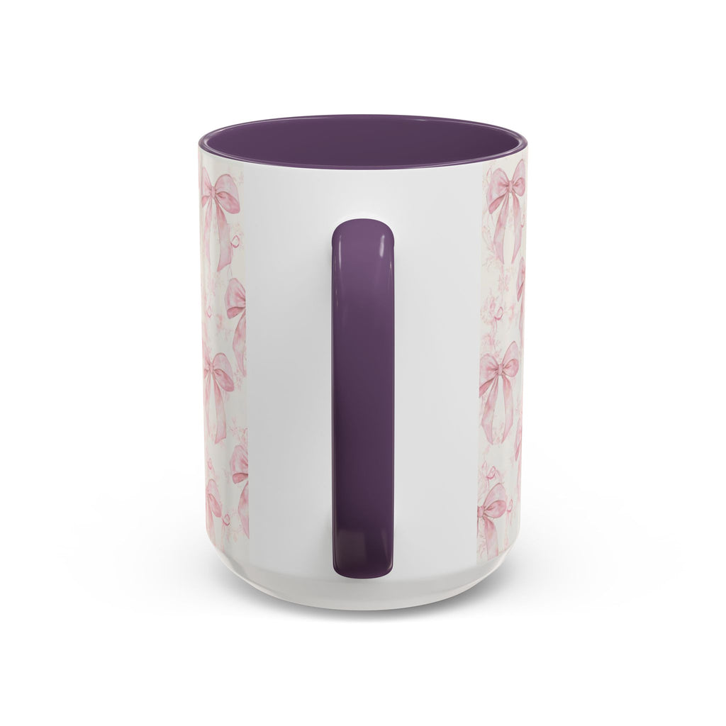 Pink Bow Pattern Accent Coffee Mug — Feminine Floral Ribbon Design, 11/15 oz