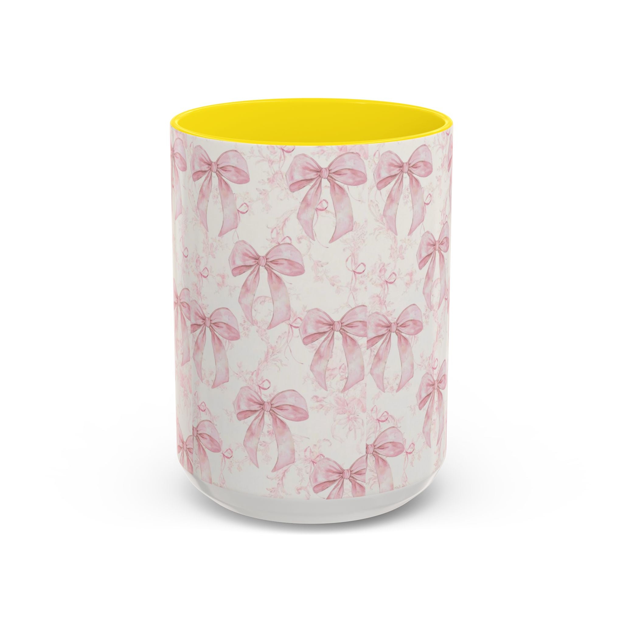 Pink Bow Pattern Accent Coffee Mug — Feminine Floral Ribbon Design, 11/15 oz