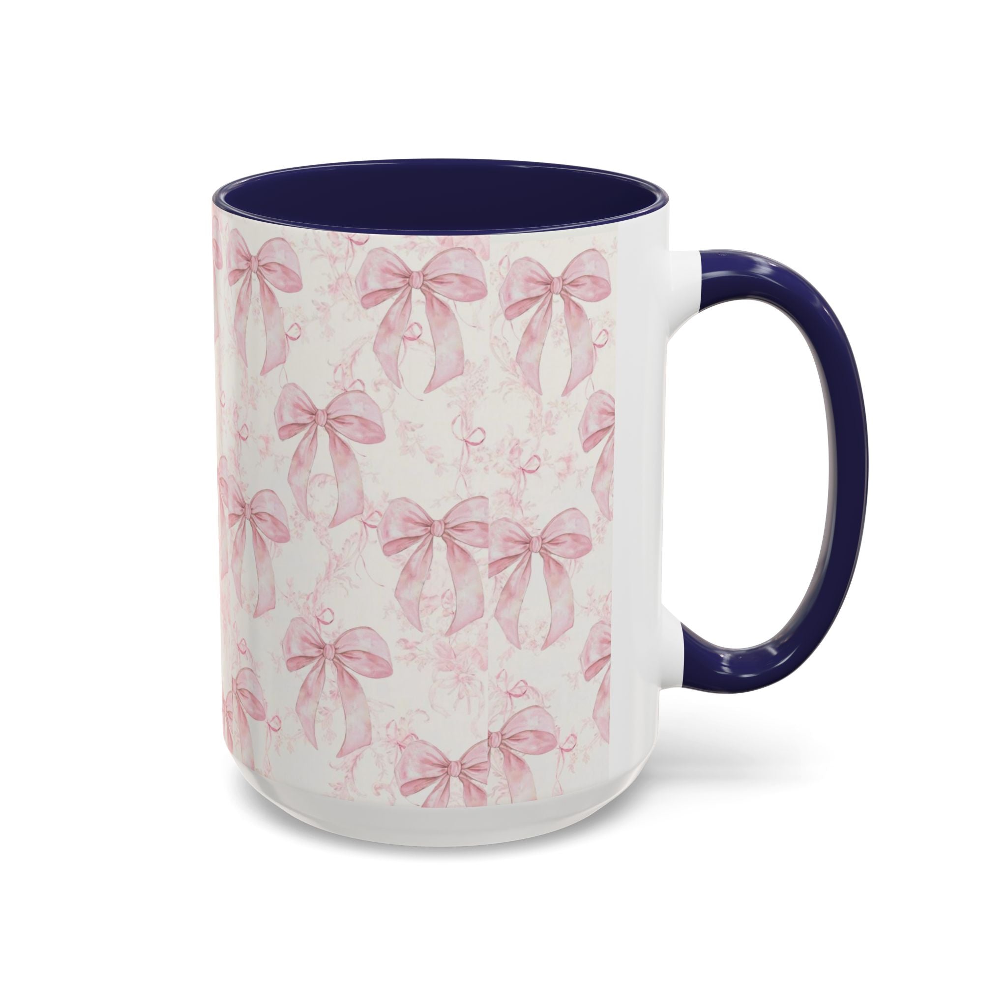 Pink Bow Pattern Accent Coffee Mug — Feminine Floral Ribbon Design, 11/15 oz