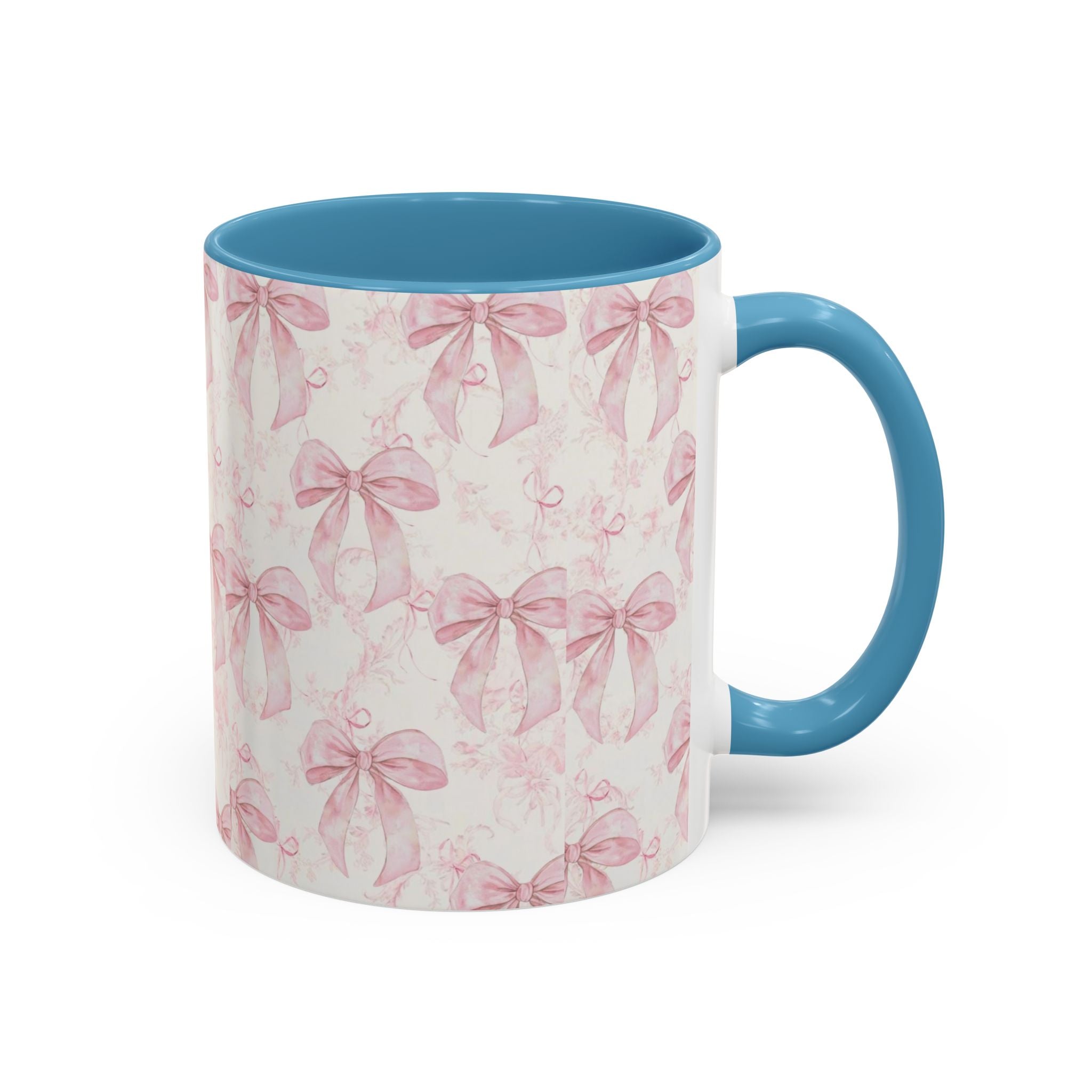 Pink Bow Pattern Accent Coffee Mug — Feminine Floral Ribbon Design, 11/15 oz