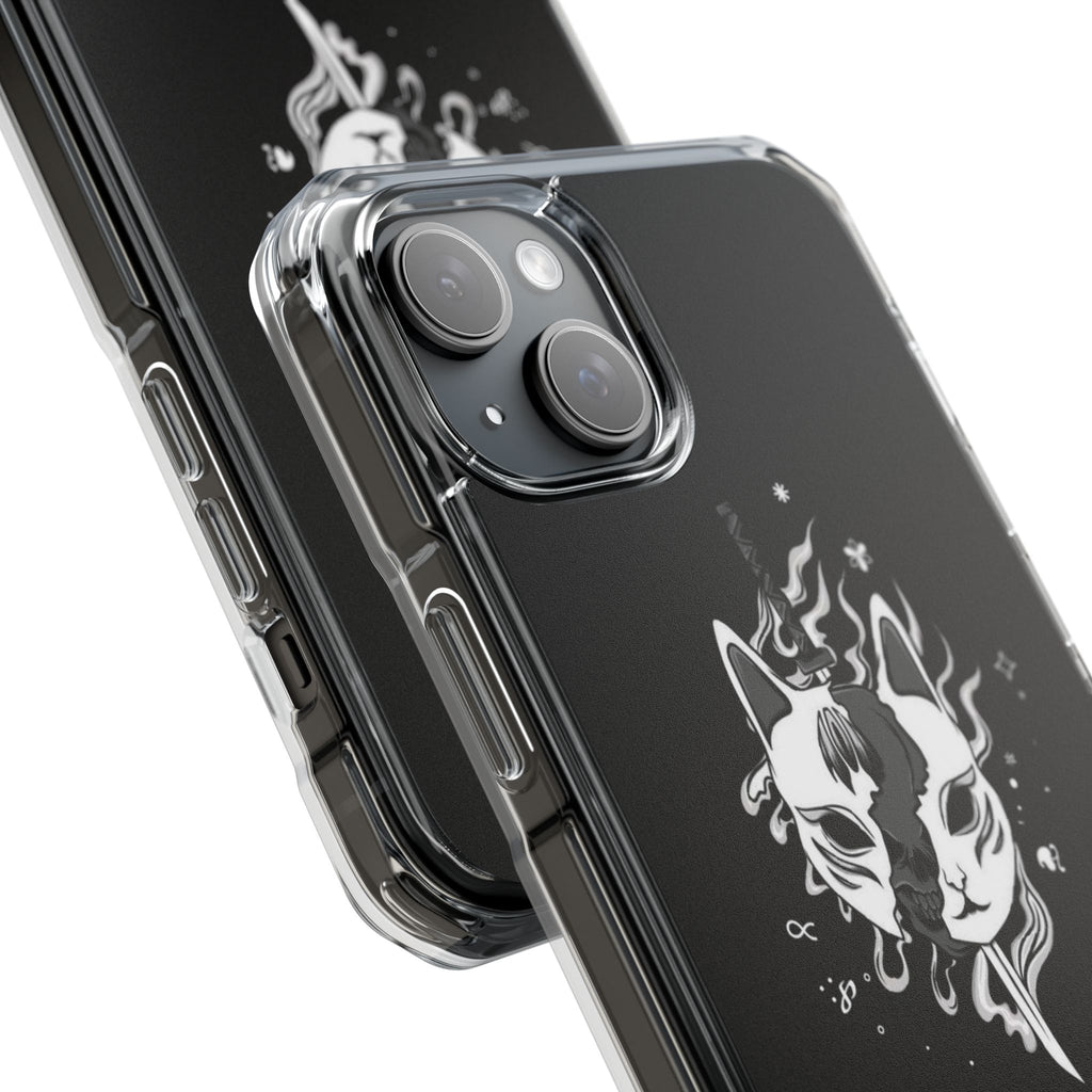 Clear Magnetic Phone Case — Dual Fox Mask White Ink Design