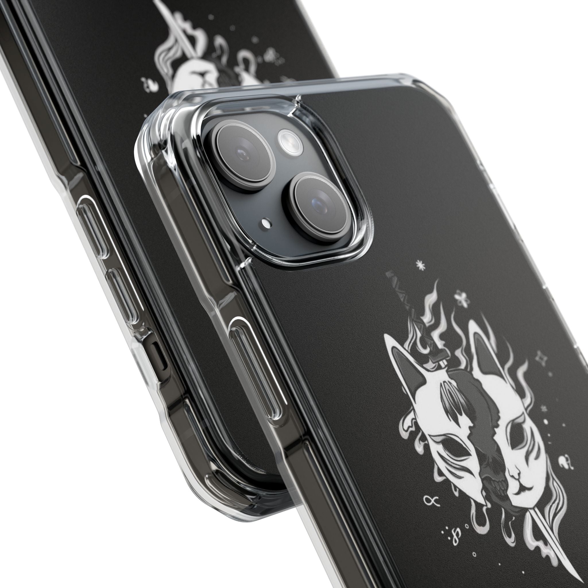 Clear Magnetic Phone Case — Dual Fox Mask White Ink Design