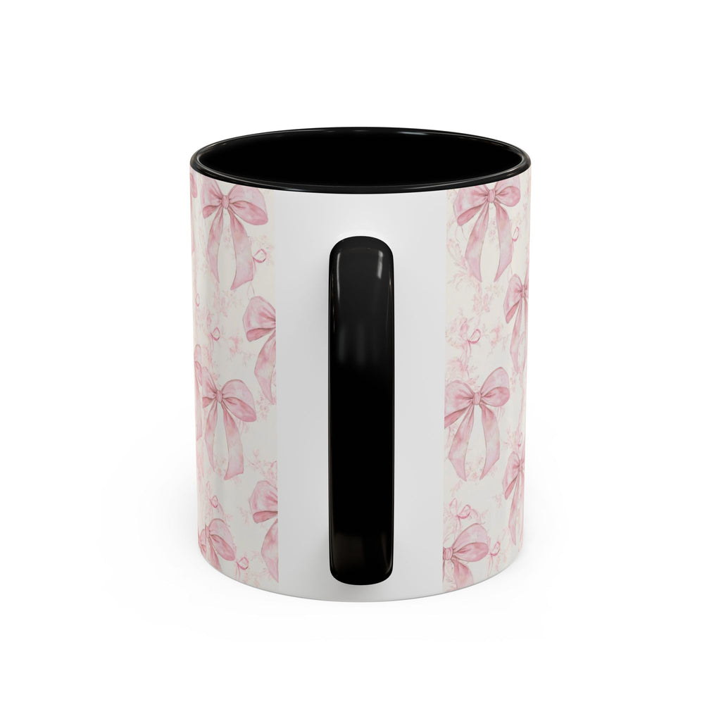 Pink Bow Pattern Accent Coffee Mug — Feminine Floral Ribbon Design, 11/15 oz