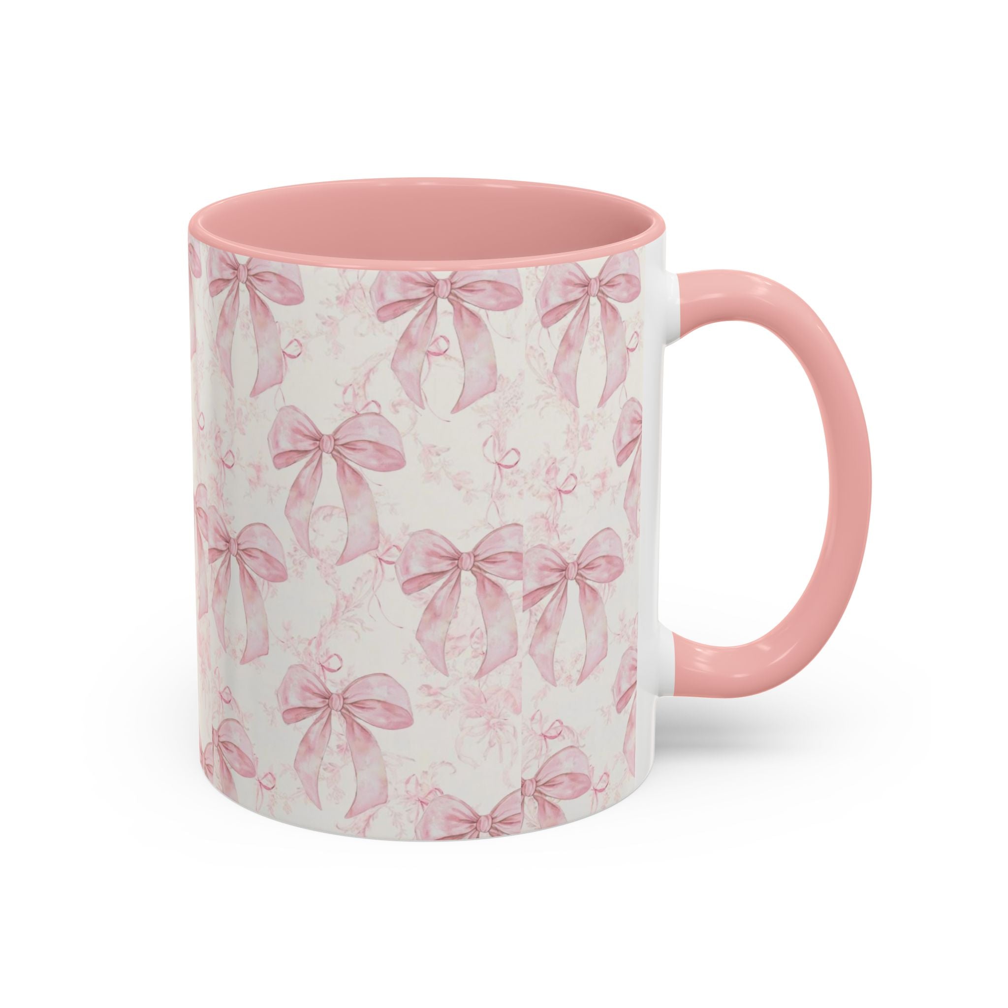 Pink Bow Pattern Accent Coffee Mug — Feminine Floral Ribbon Design, 11/15 oz