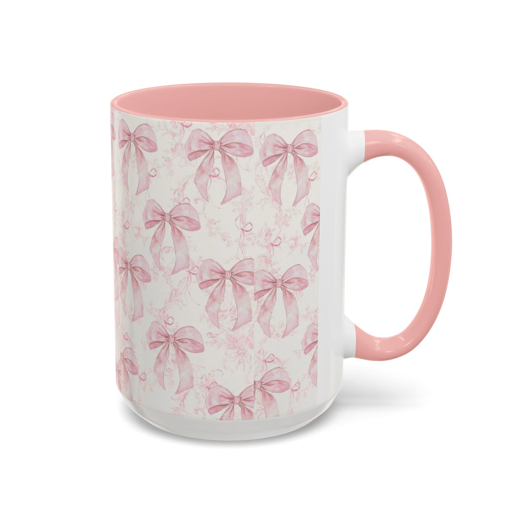 Pink Bow Pattern Accent Coffee Mug — Feminine Floral Ribbon Design, 11/15 oz