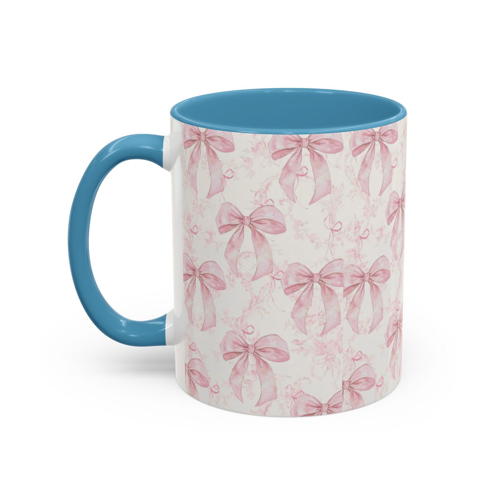 Pink Bow Pattern Accent Coffee Mug — Feminine Floral Ribbon Design, 11/15 oz