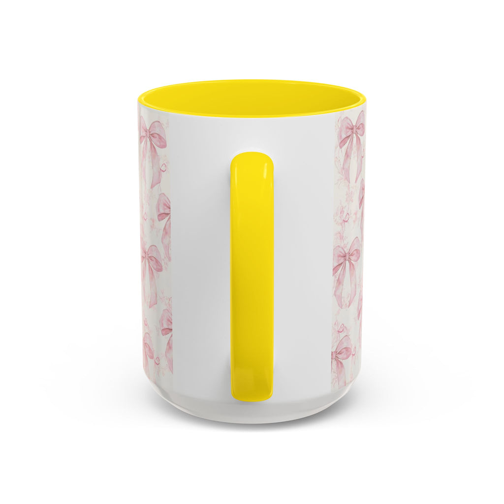 Pink Bow Pattern Accent Coffee Mug — Feminine Floral Ribbon Design, 11/15 oz