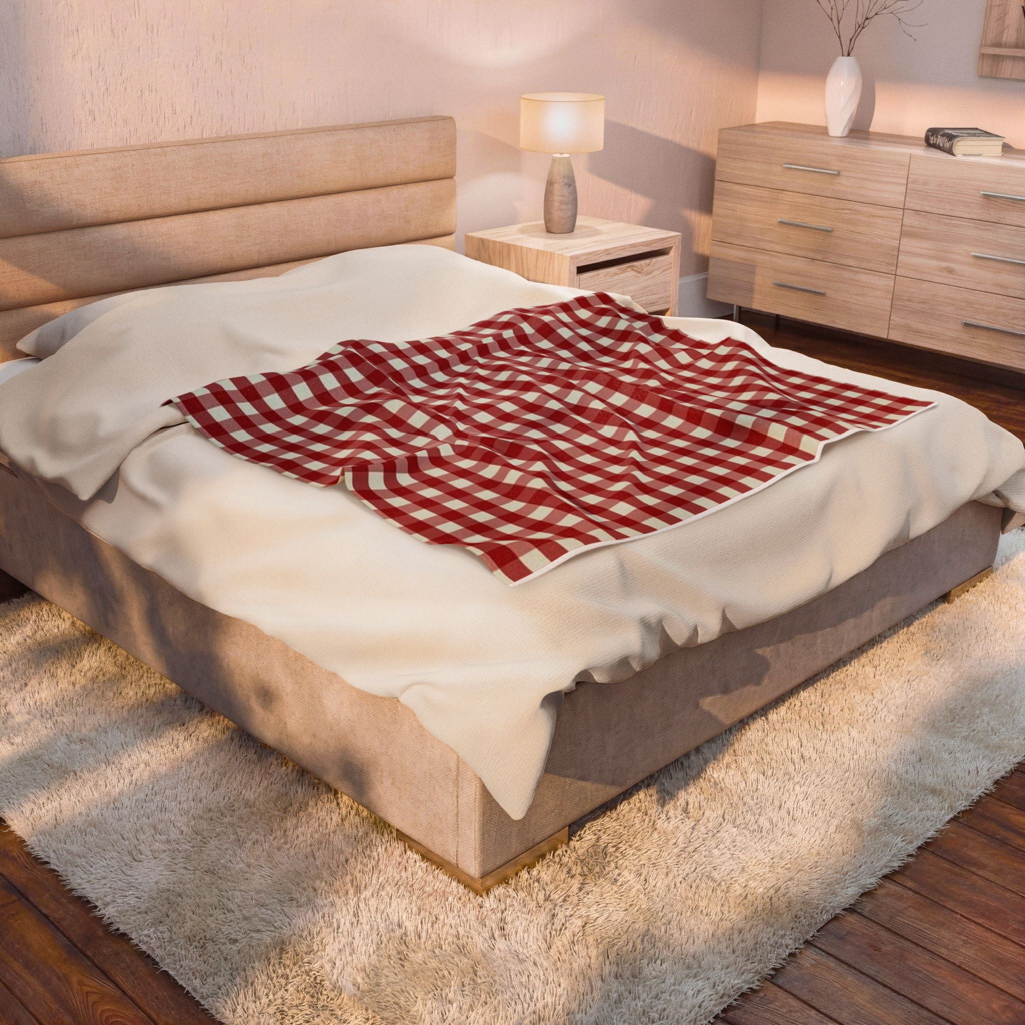 Velveteen Plush Blanket - Red Buffalo Check Throw | Cozy Farmhouse Plaid Throw Blanket