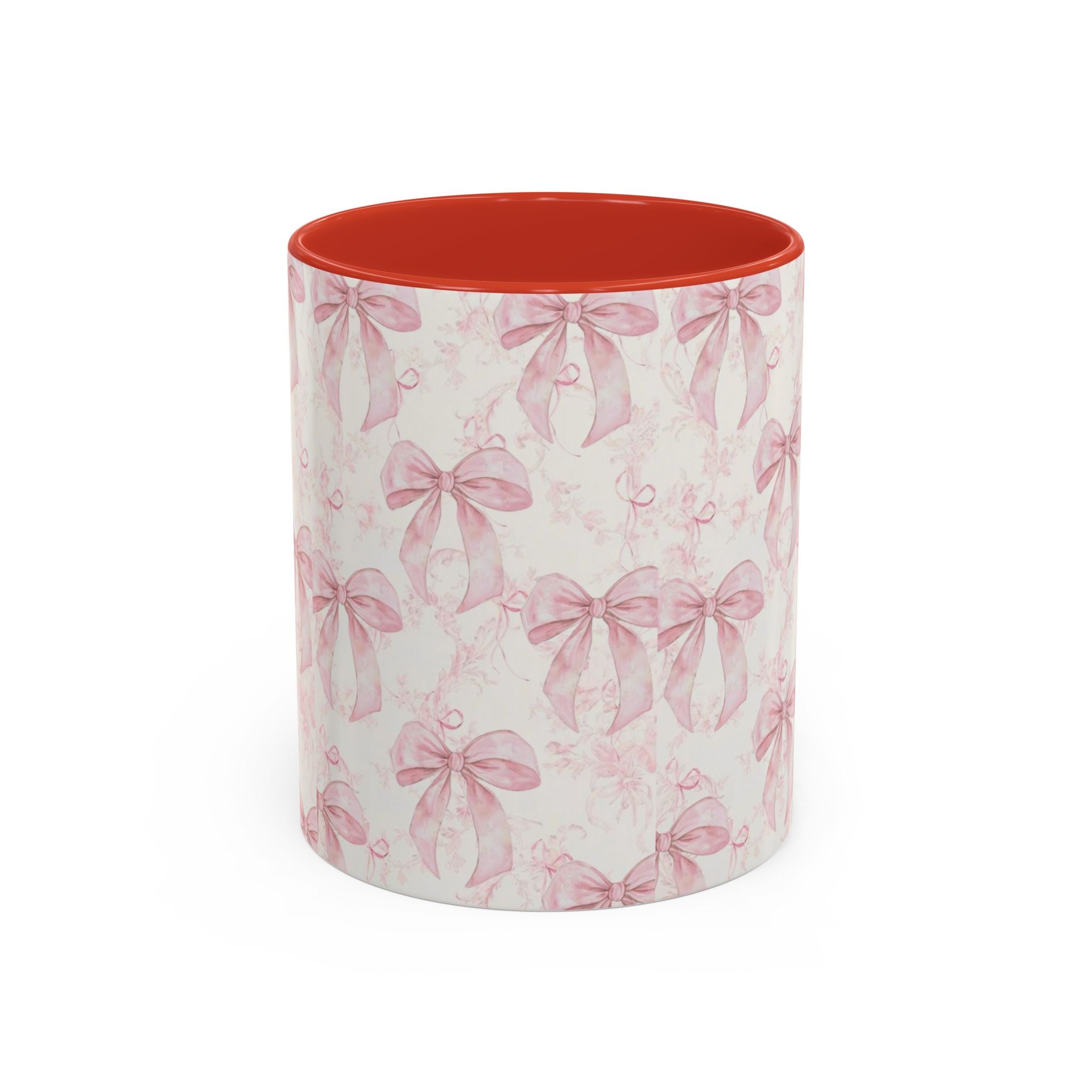 Pink Bow Pattern Accent Coffee Mug — Feminine Floral Ribbon Design, 11/15 oz