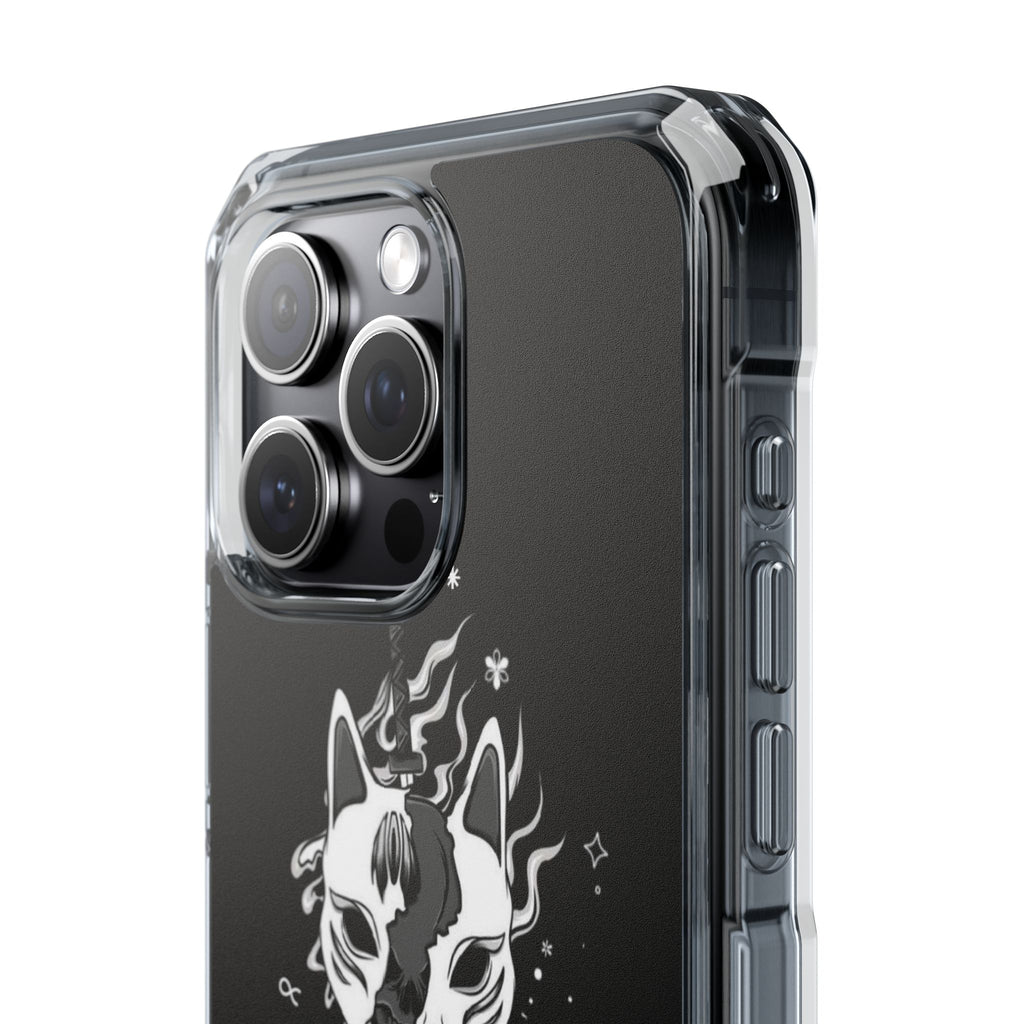 Clear Magnetic Phone Case — Dual Fox Mask White Ink Design