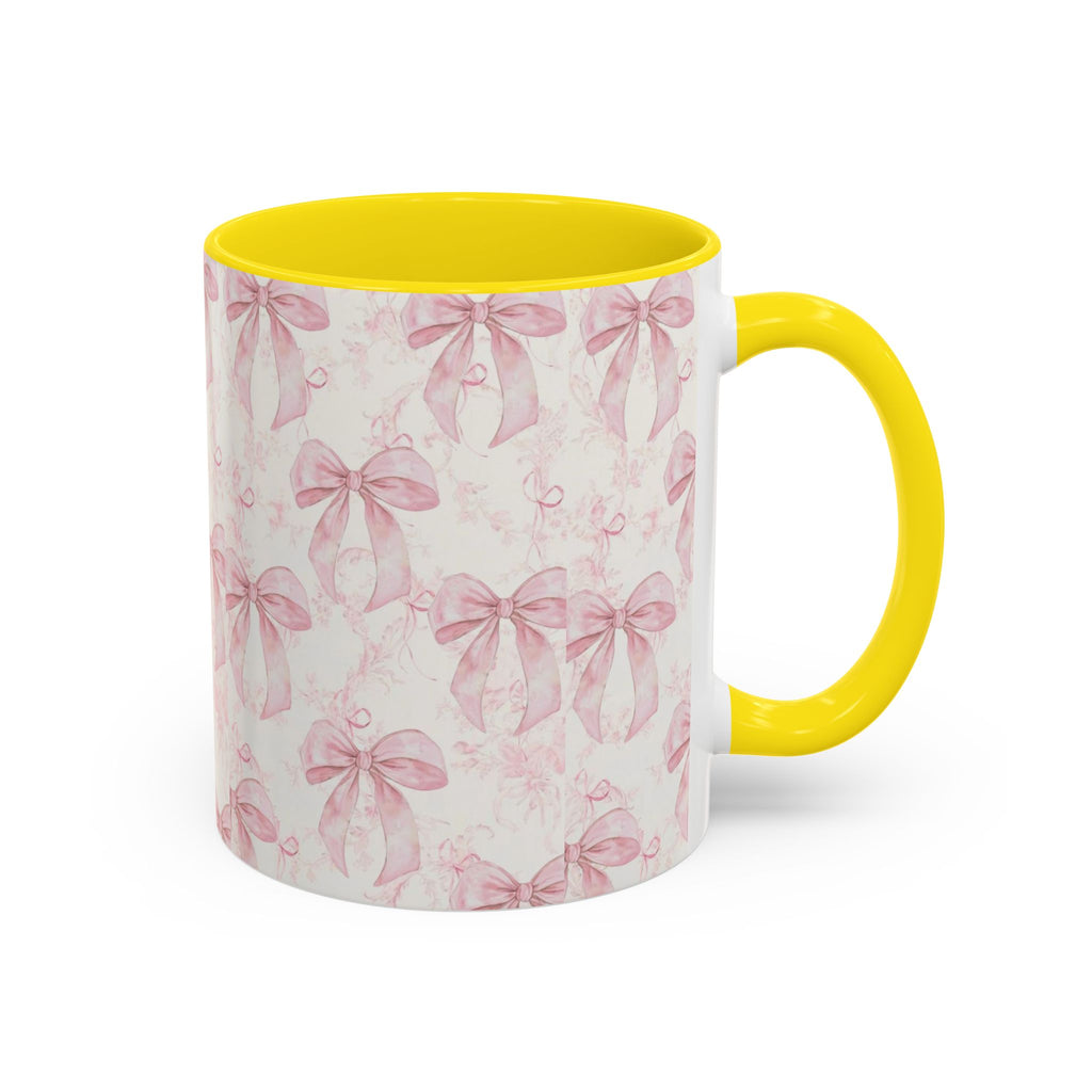 Pink Bow Pattern Accent Coffee Mug — Feminine Floral Ribbon Design, 11/15 oz