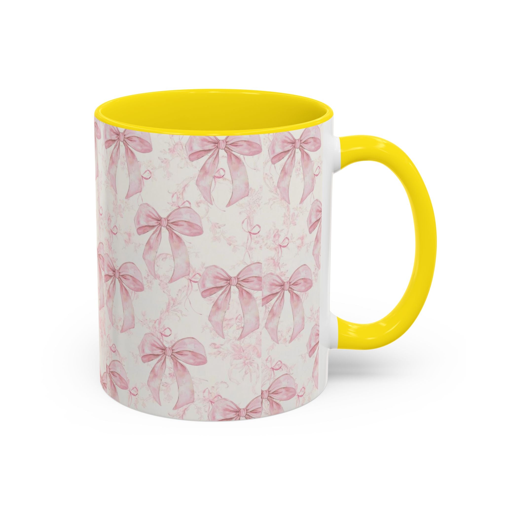 Pink Bow Pattern Accent Coffee Mug — Feminine Floral Ribbon Design, 11/15 oz