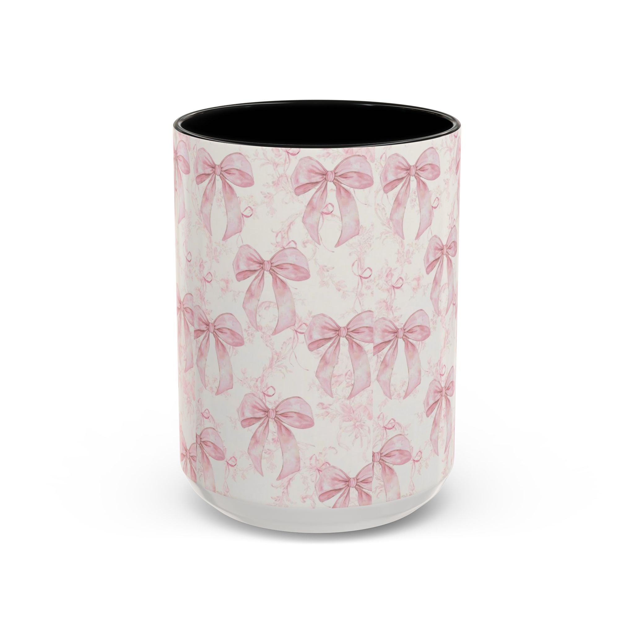 Pink Bow Pattern Accent Coffee Mug — Feminine Floral Ribbon Design, 11/15 oz