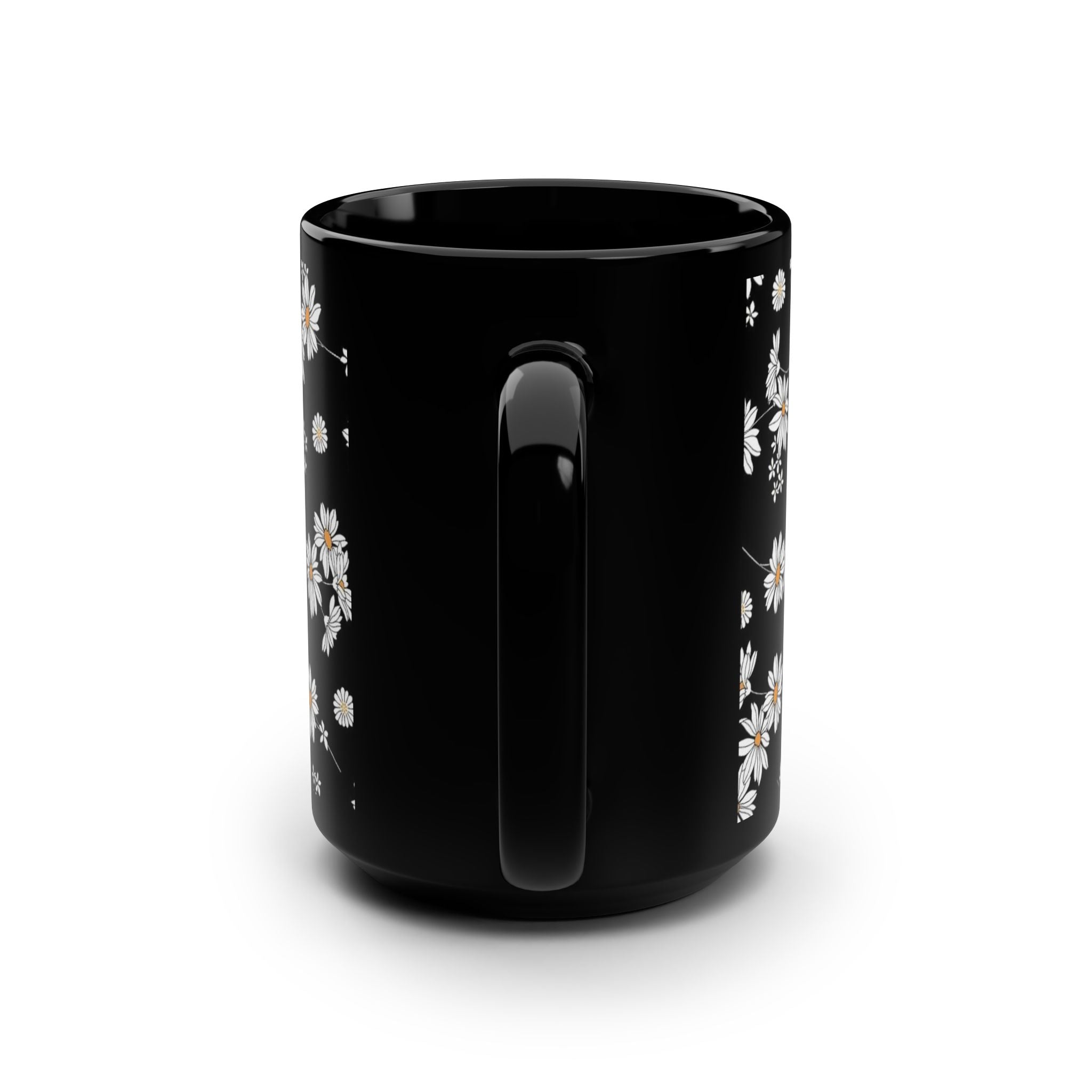 White Daisy Pattern Black Mug, 15oz | Floral Ceramic Coffee Cup