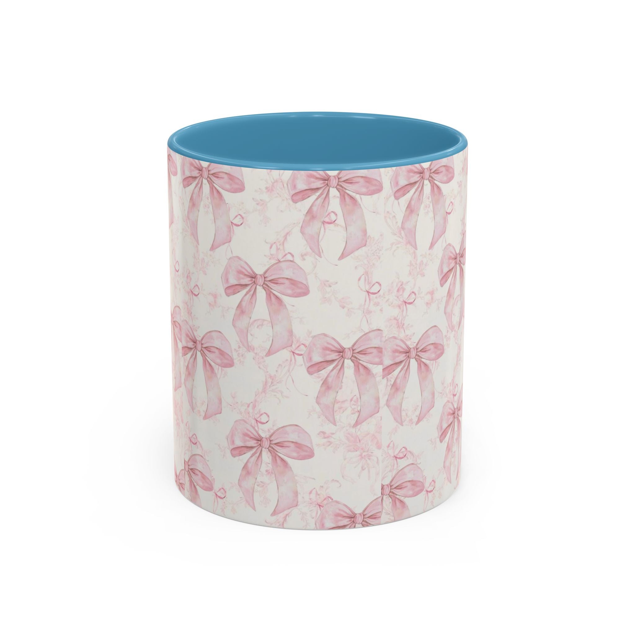 Pink Bow Pattern Accent Coffee Mug — Feminine Floral Ribbon Design, 11/15 oz