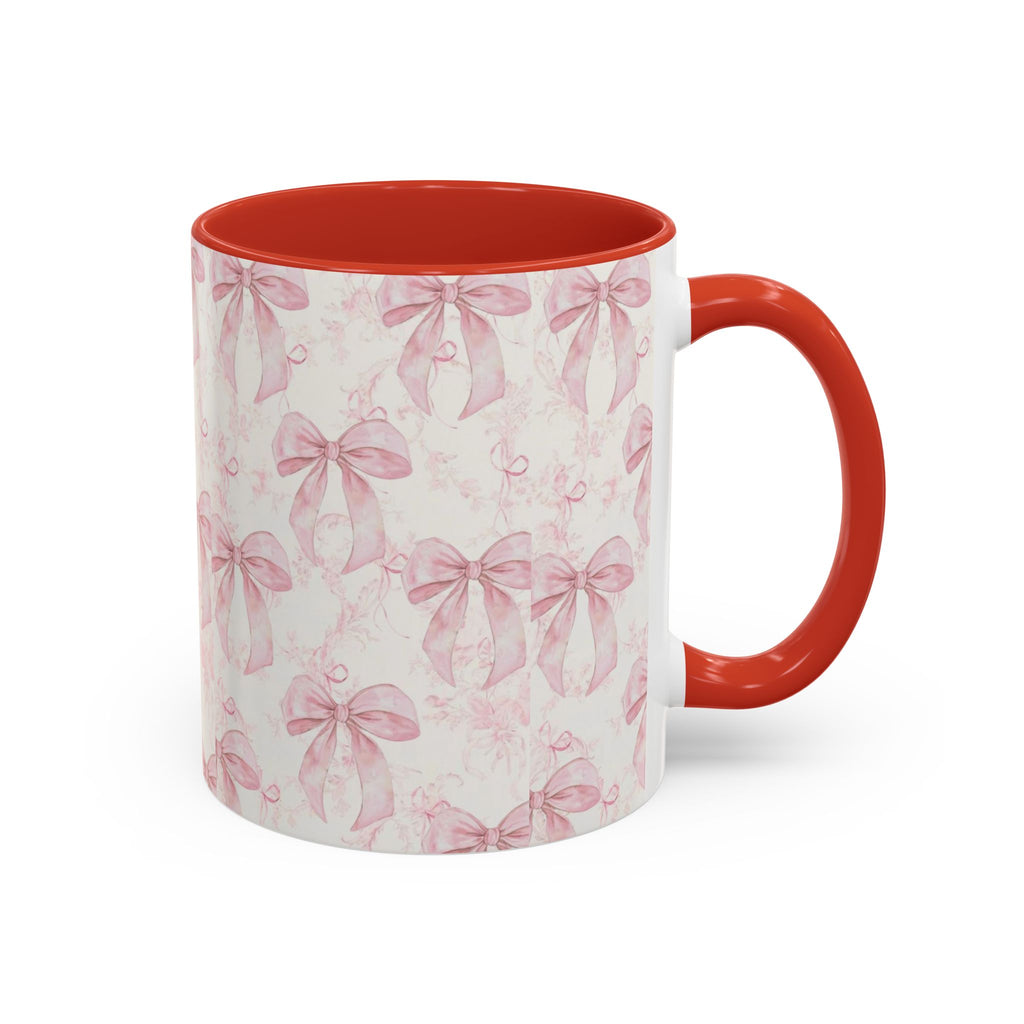 Pink Bow Pattern Accent Coffee Mug — Feminine Floral Ribbon Design, 11/15 oz