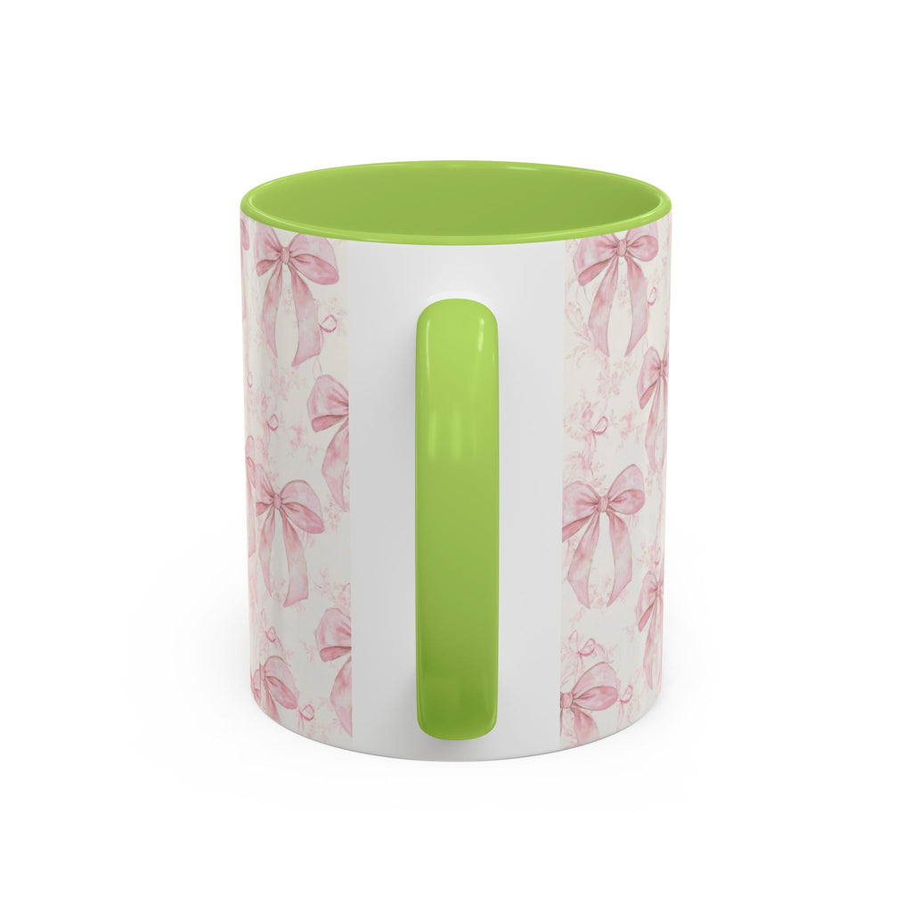 Pink Bow Pattern Accent Coffee Mug — Feminine Floral Ribbon Design, 11/15 oz