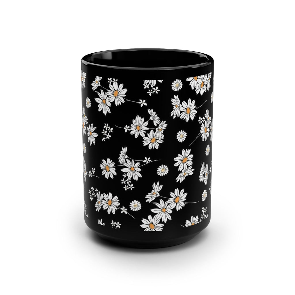 White Daisy Pattern Black Mug, 15oz | Floral Ceramic Coffee Cup