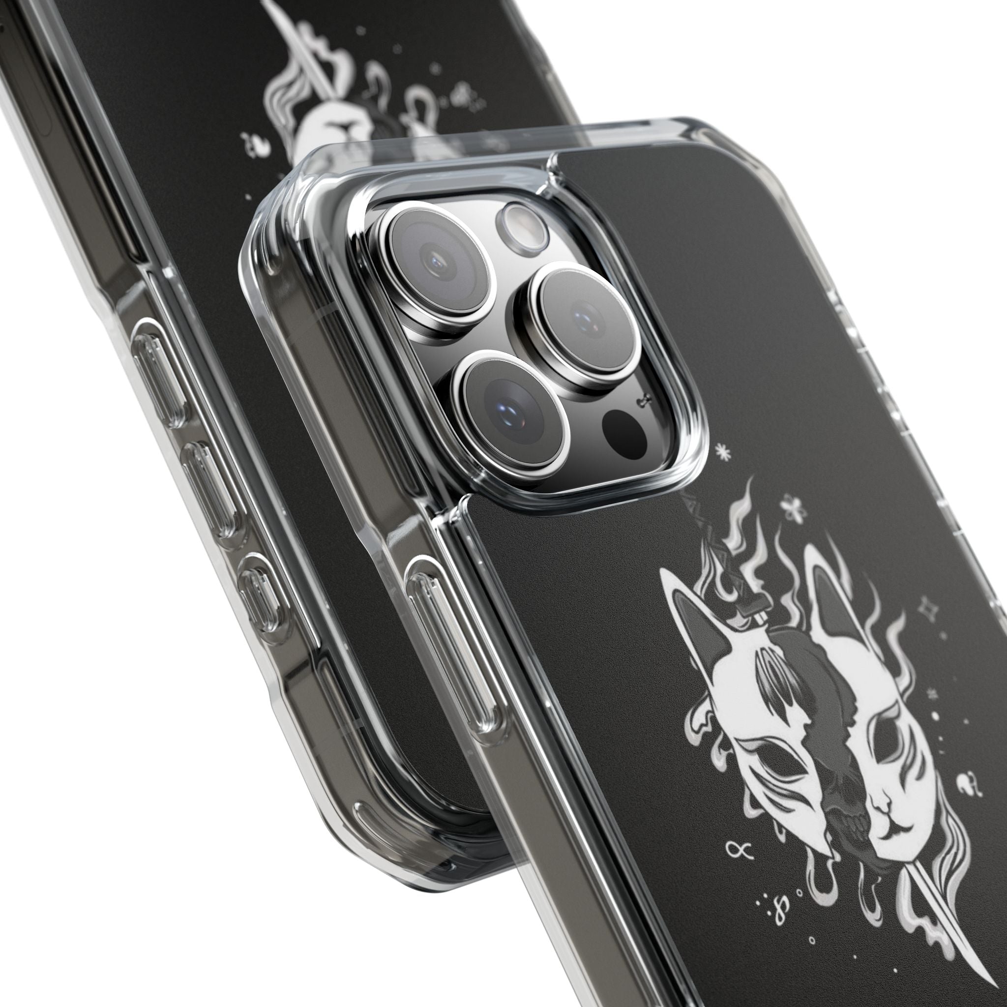 Clear Magnetic Phone Case — Dual Fox Mask White Ink Design