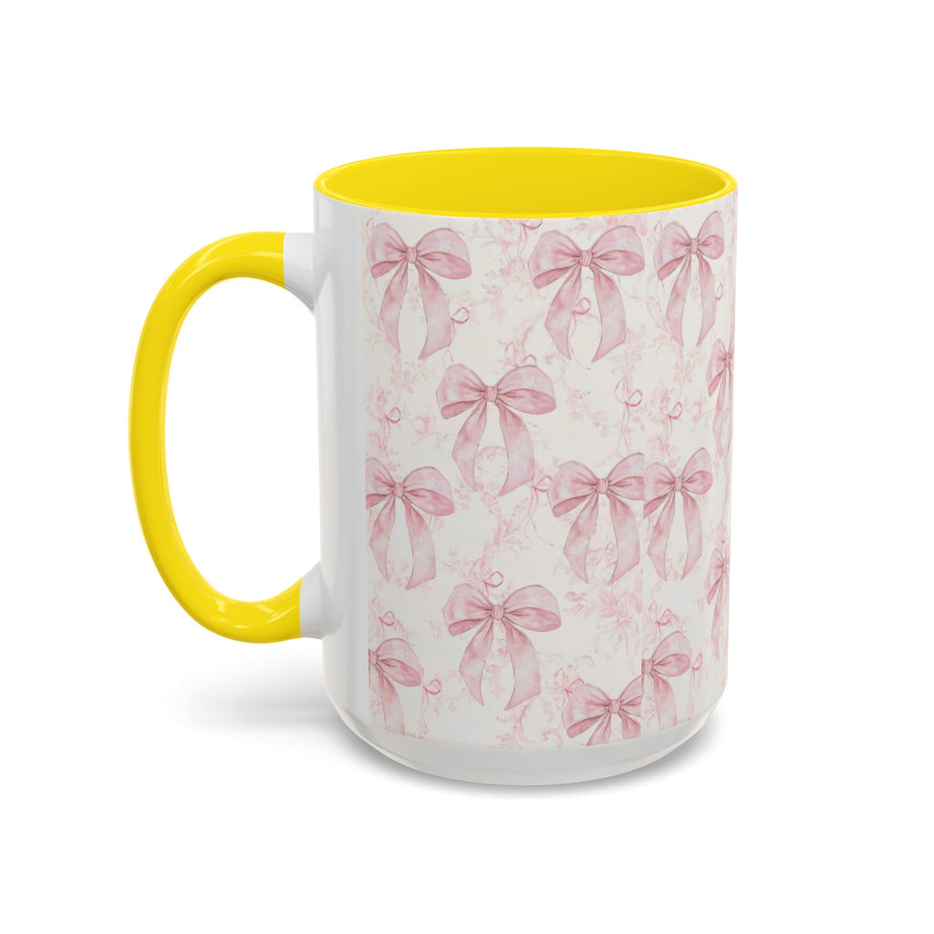 Pink Bow Pattern Accent Coffee Mug — Feminine Floral Ribbon Design, 11/15 oz