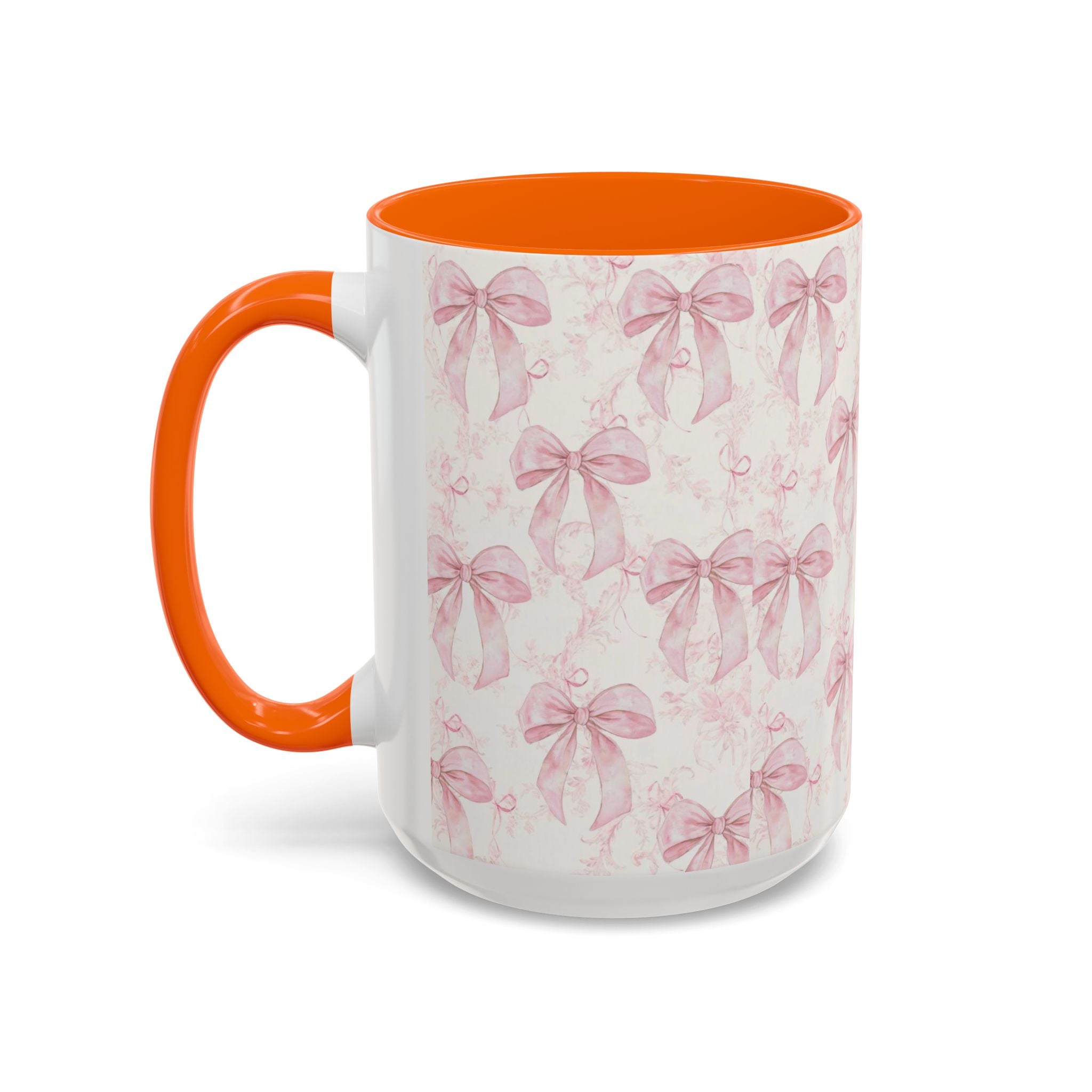 Pink Bow Pattern Accent Coffee Mug — Feminine Floral Ribbon Design, 11/15 oz