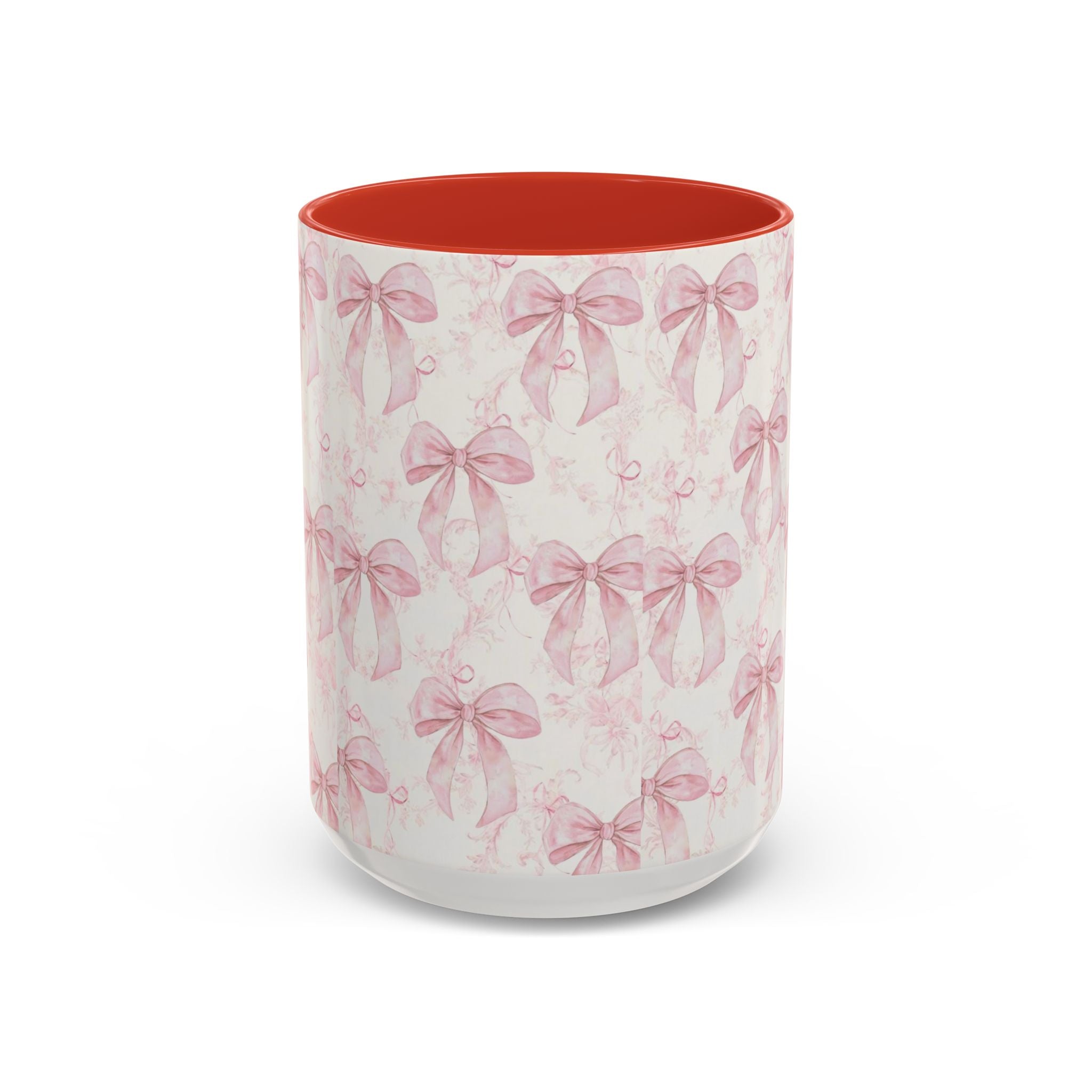 Pink Bow Pattern Accent Coffee Mug — Feminine Floral Ribbon Design, 11/15 oz