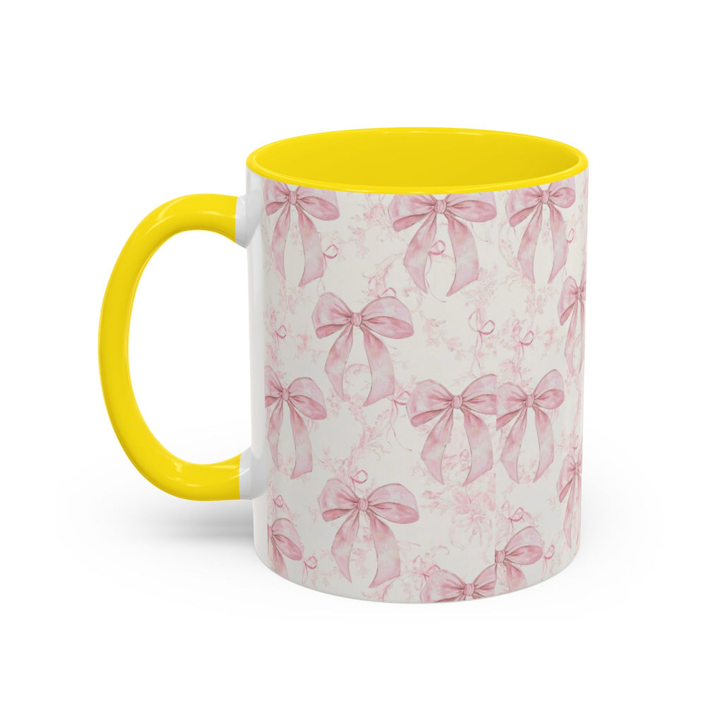 Pink Bow Pattern Accent Coffee Mug — Feminine Floral Ribbon Design, 11/15 oz