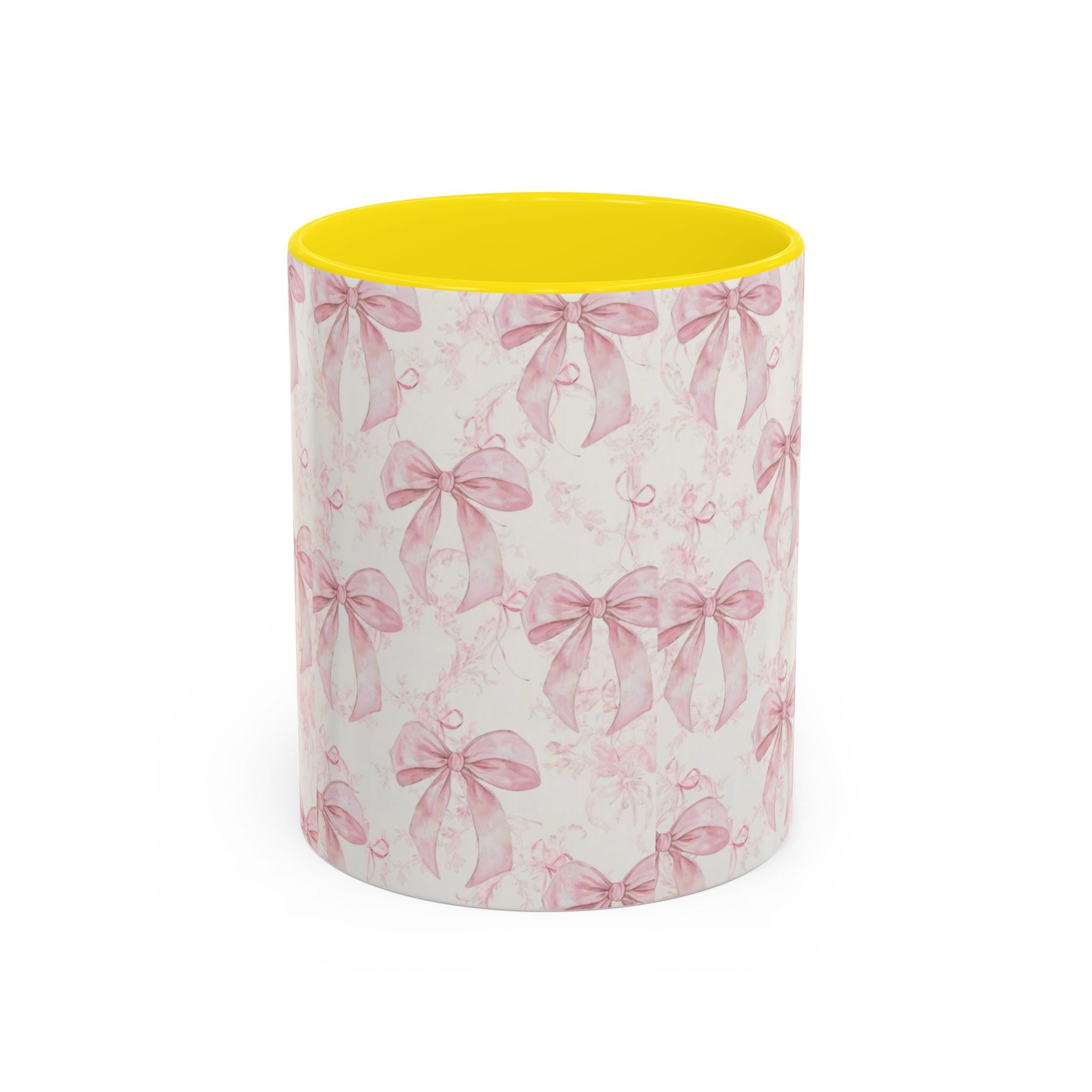 Pink Bow Pattern Accent Coffee Mug — Feminine Floral Ribbon Design, 11/15 oz