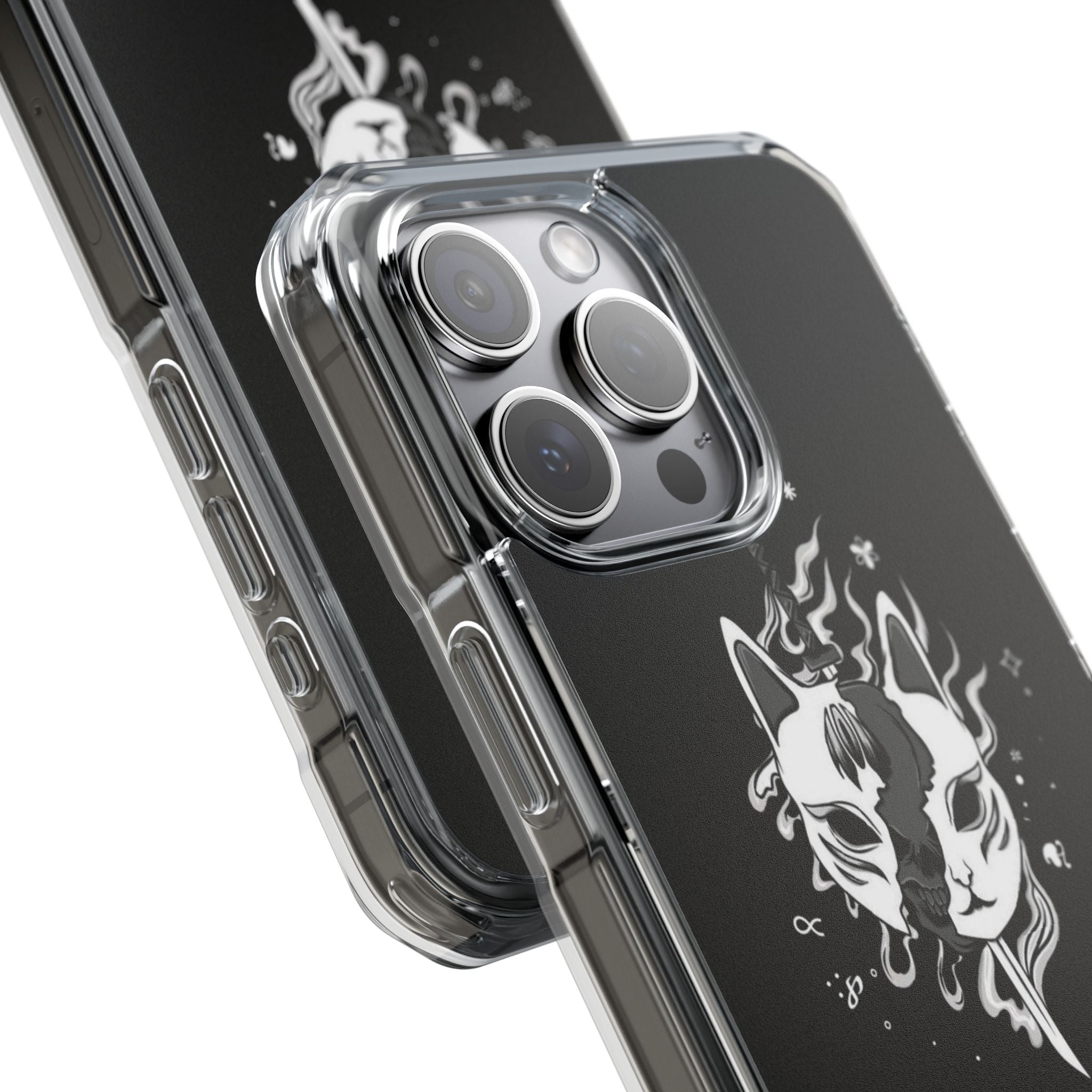 Clear Magnetic Phone Case — Dual Fox Mask White Ink Design