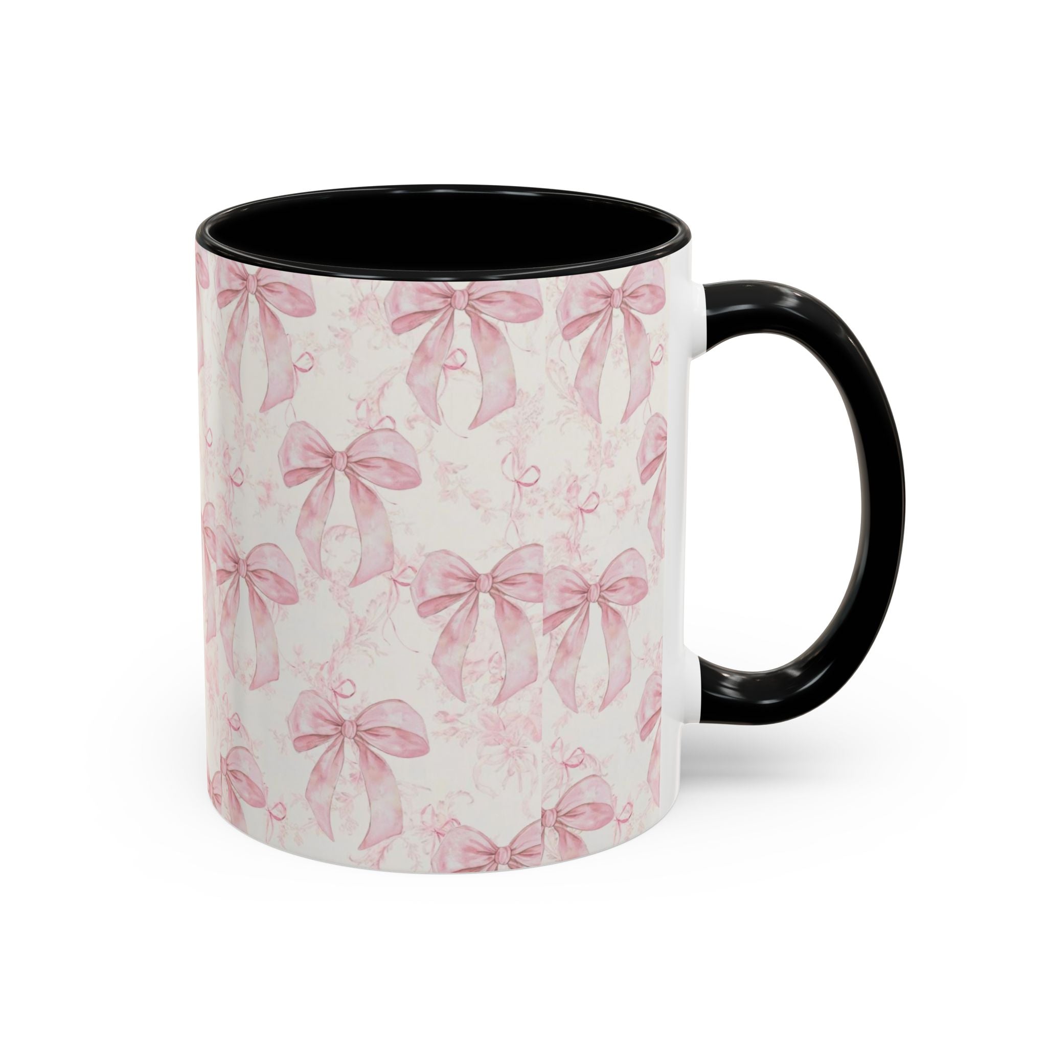 Pink Bow Pattern Accent Coffee Mug — Feminine Floral Ribbon Design, 11/15 oz