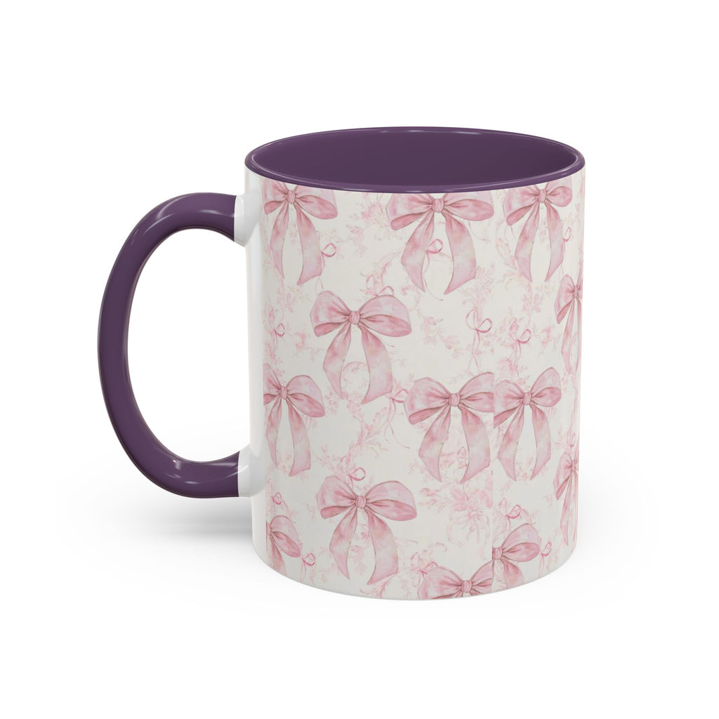 Pink Bow Pattern Accent Coffee Mug — Feminine Floral Ribbon Design, 11/15 oz