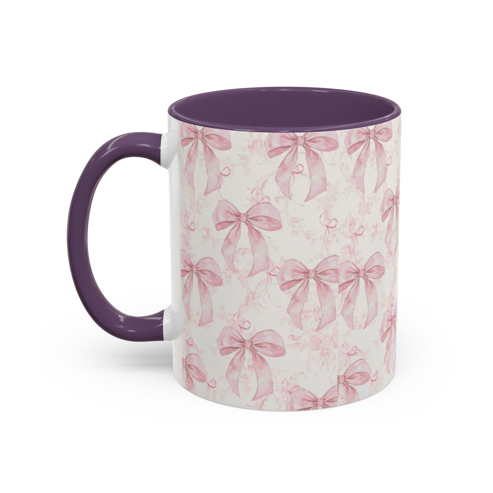 Pink Bow Pattern Accent Coffee Mug — Feminine Floral Ribbon Design, 11/15 oz