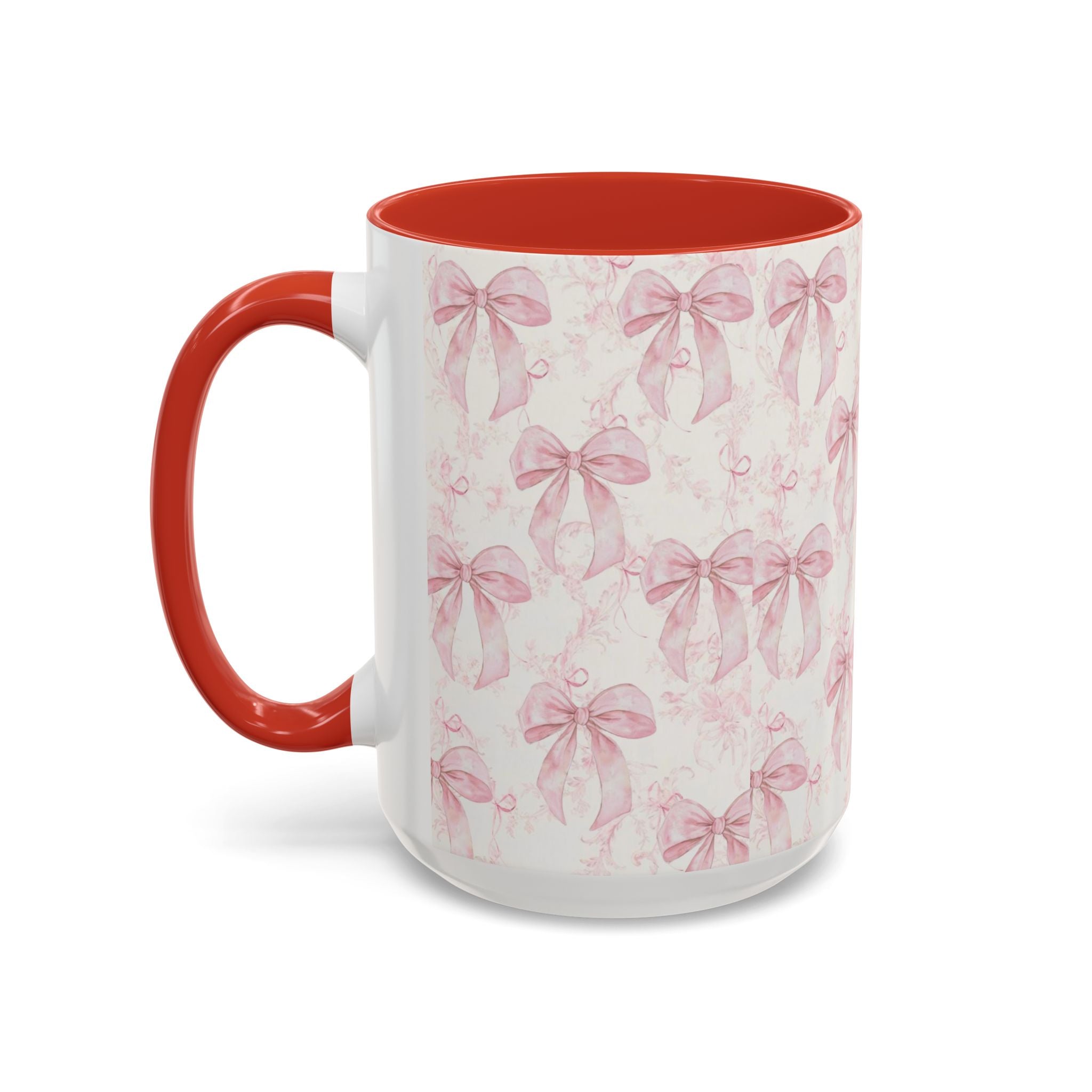 Pink Bow Pattern Accent Coffee Mug — Feminine Floral Ribbon Design, 11/15 oz