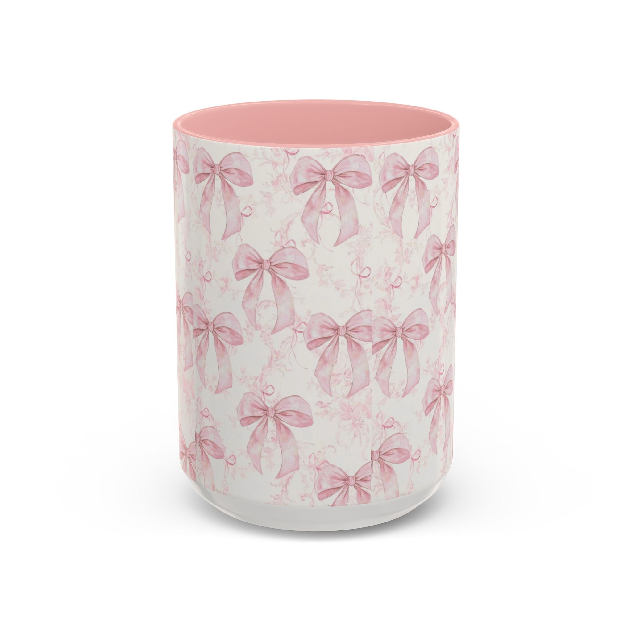 Pink Bow Pattern Accent Coffee Mug — Feminine Floral Ribbon Design, 11/15 oz