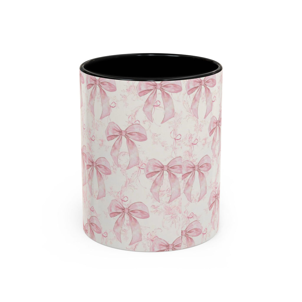 Pink Bow Pattern Accent Coffee Mug — Feminine Floral Ribbon Design, 11/15 oz