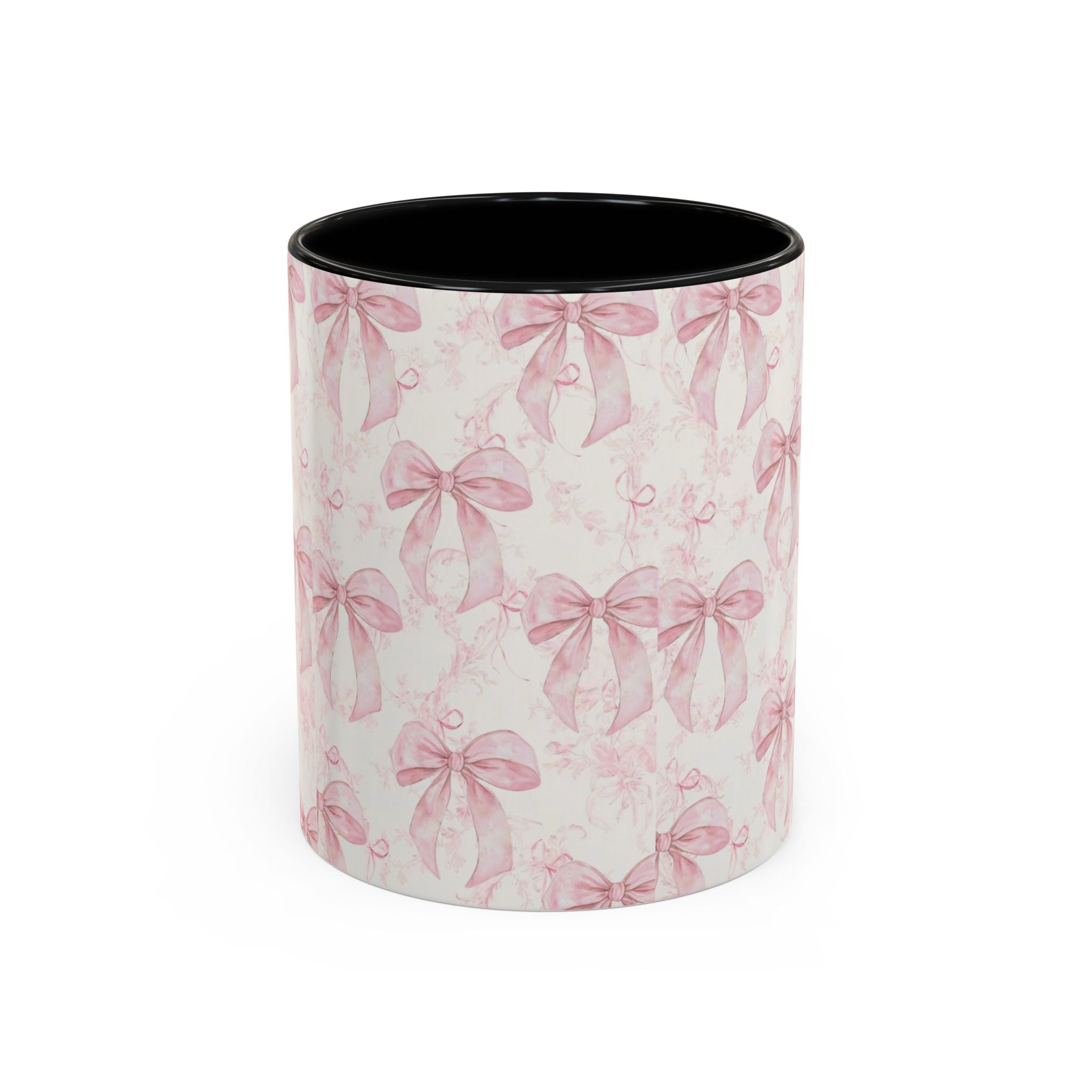 Pink Bow Pattern Accent Coffee Mug — Feminine Floral Ribbon Design, 11/15 oz