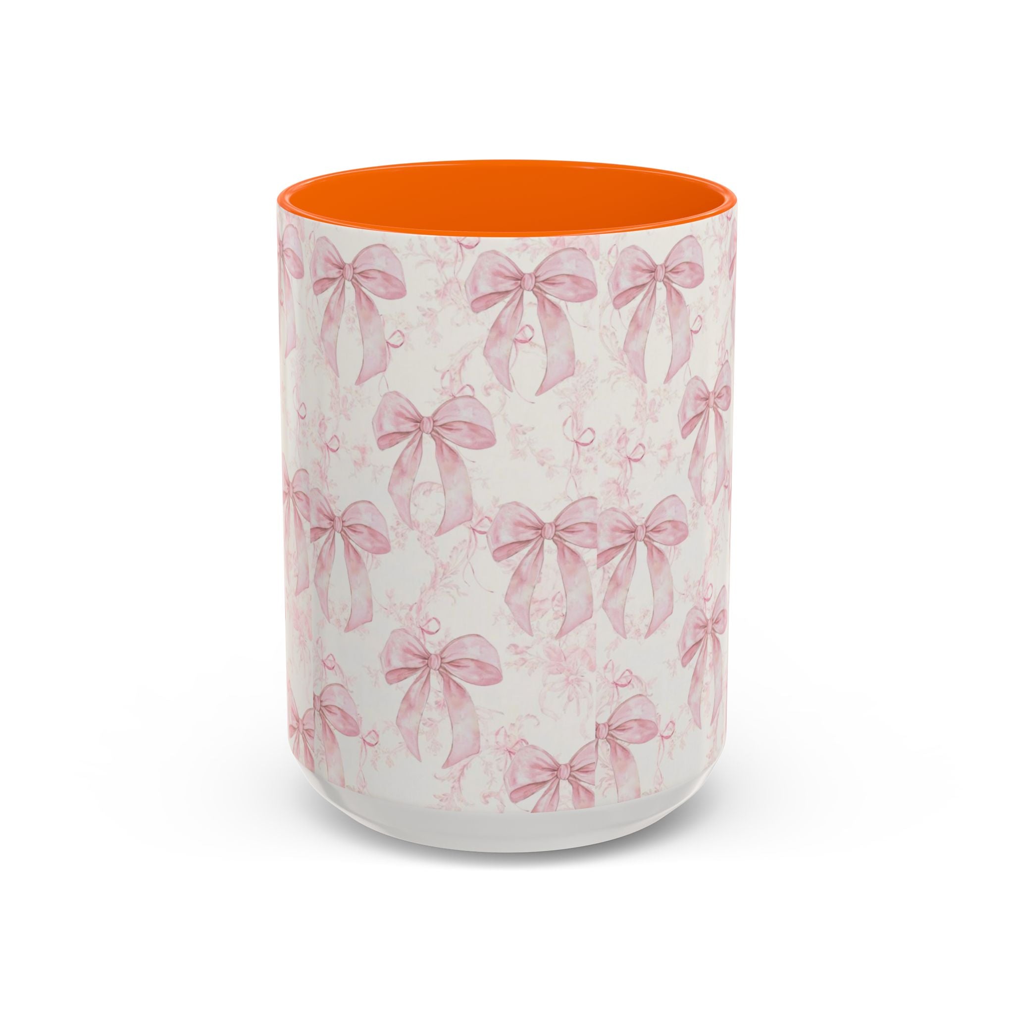 Pink Bow Pattern Accent Coffee Mug — Feminine Floral Ribbon Design, 11/15 oz