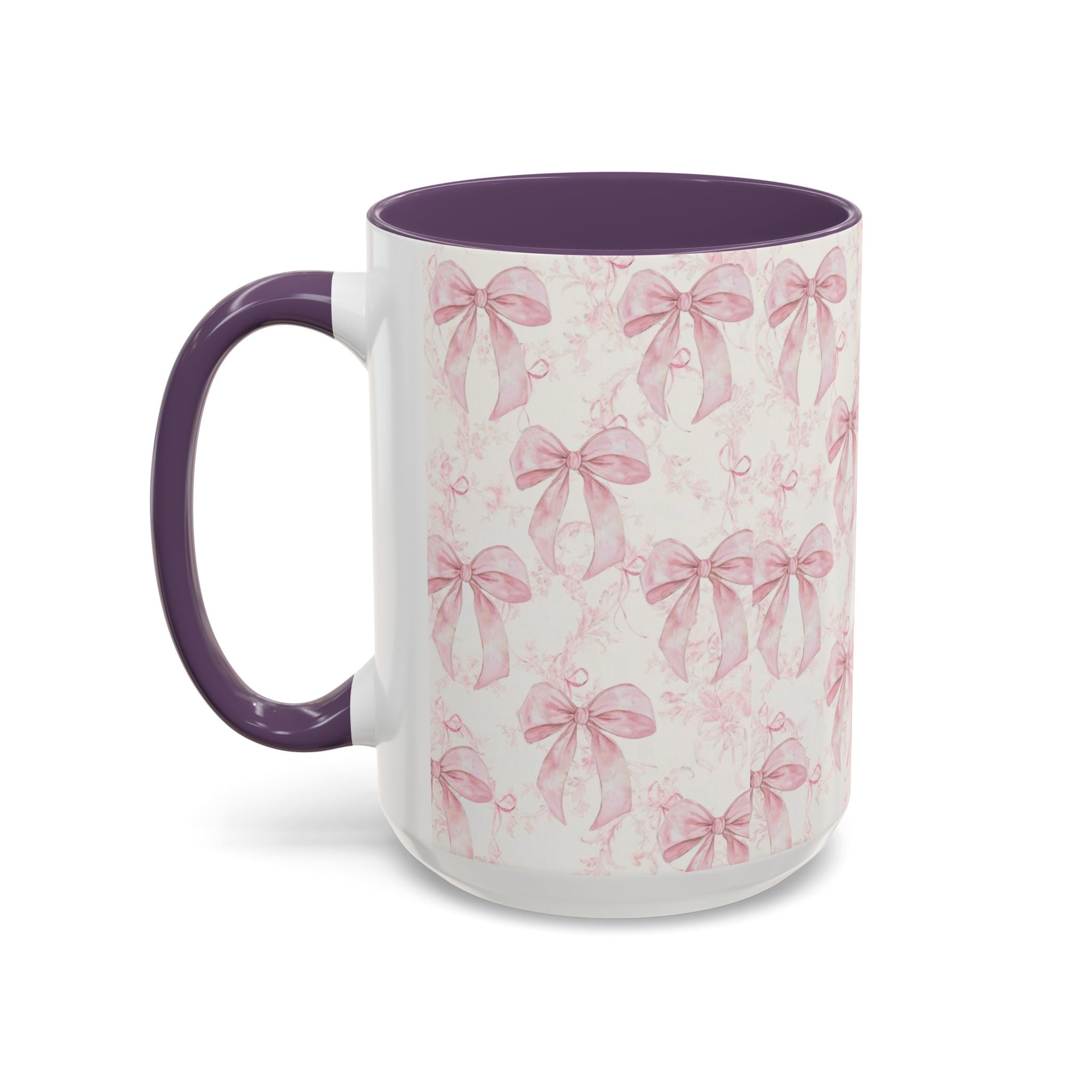 Pink Bow Pattern Accent Coffee Mug — Feminine Floral Ribbon Design, 11/15 oz