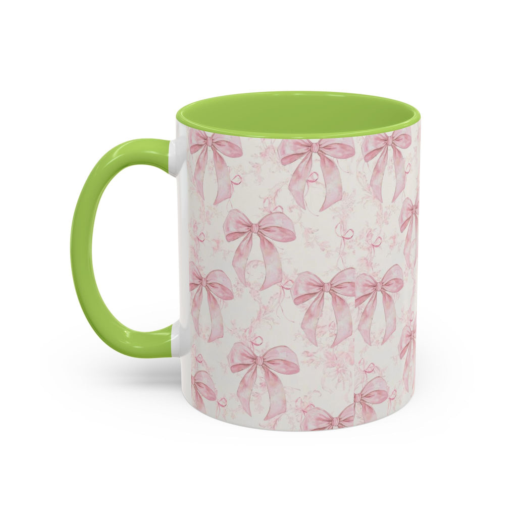 Pink Bow Pattern Accent Coffee Mug — Feminine Floral Ribbon Design, 11/15 oz