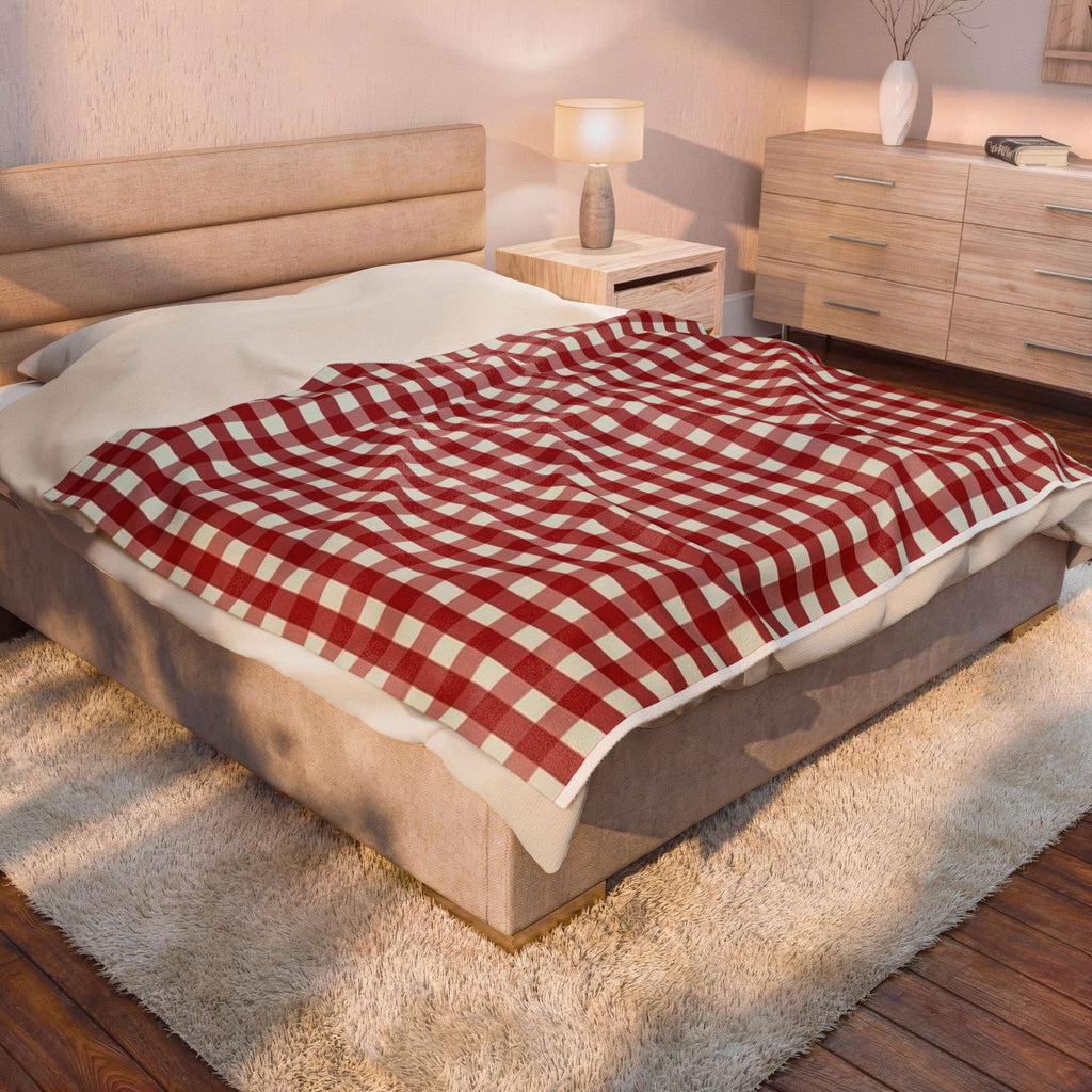 Velveteen Plush Blanket - Red Buffalo Check Throw | Cozy Farmhouse Plaid Throw Blanket