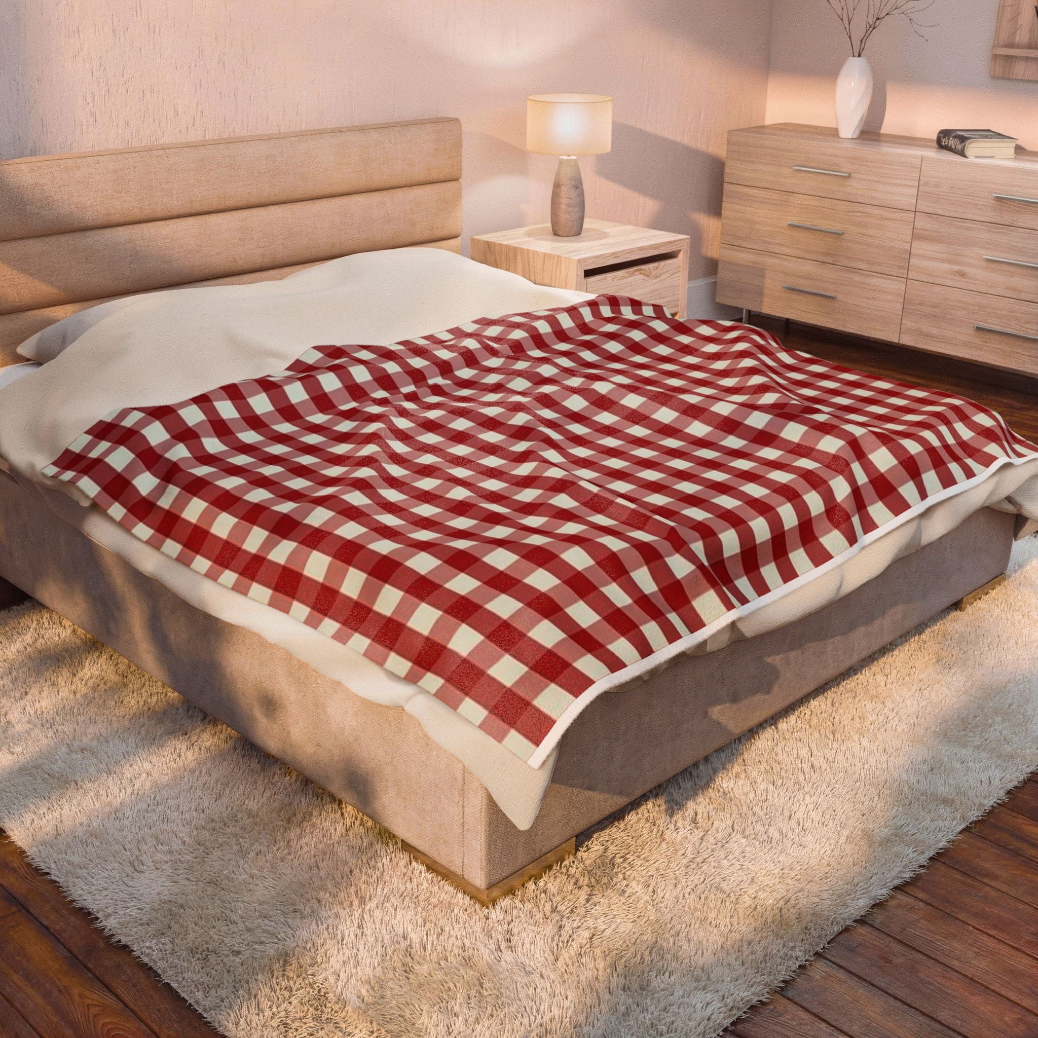 Velveteen Plush Blanket - Red Buffalo Check Throw | Cozy Farmhouse Plaid Throw Blanket