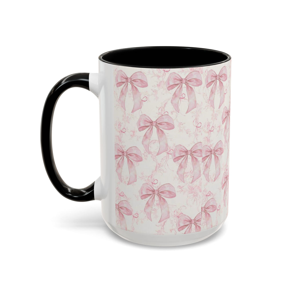 Pink Bow Pattern Accent Coffee Mug — Feminine Floral Ribbon Design, 11/15 oz