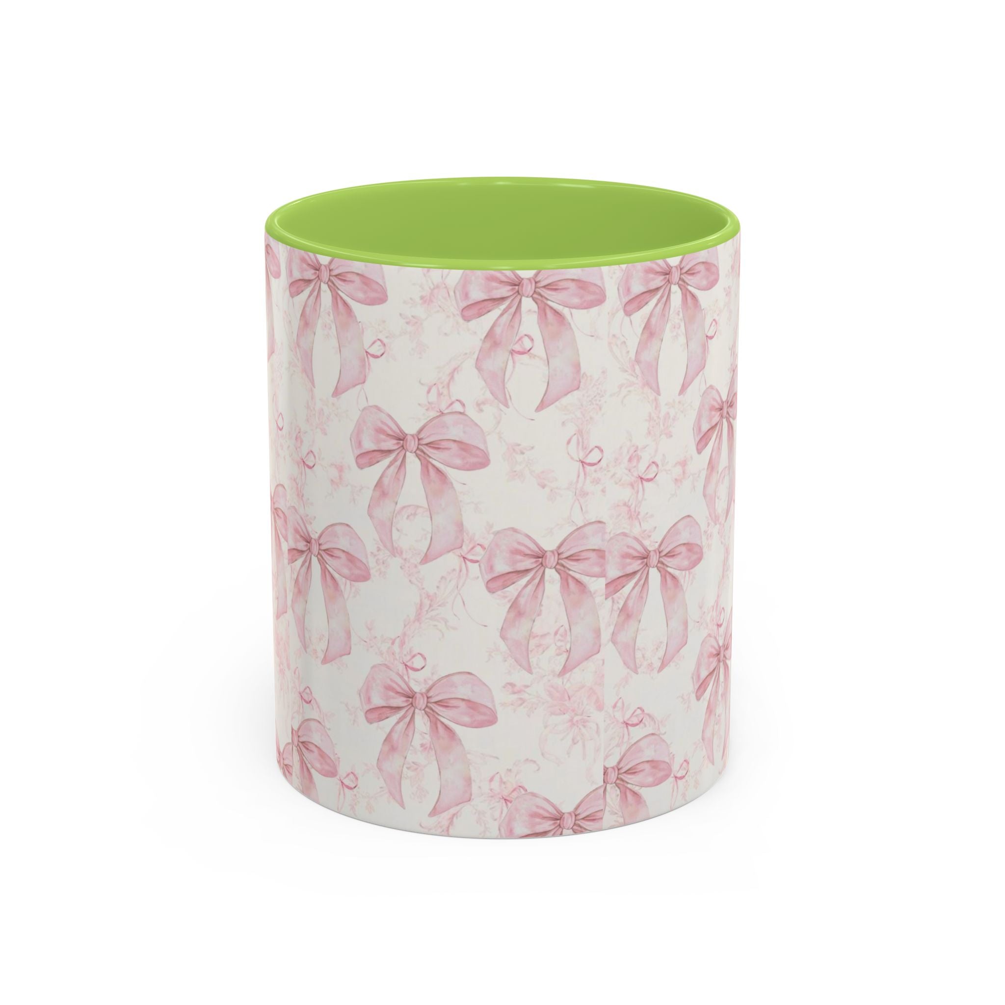 Pink Bow Pattern Accent Coffee Mug — Feminine Floral Ribbon Design, 11/15 oz